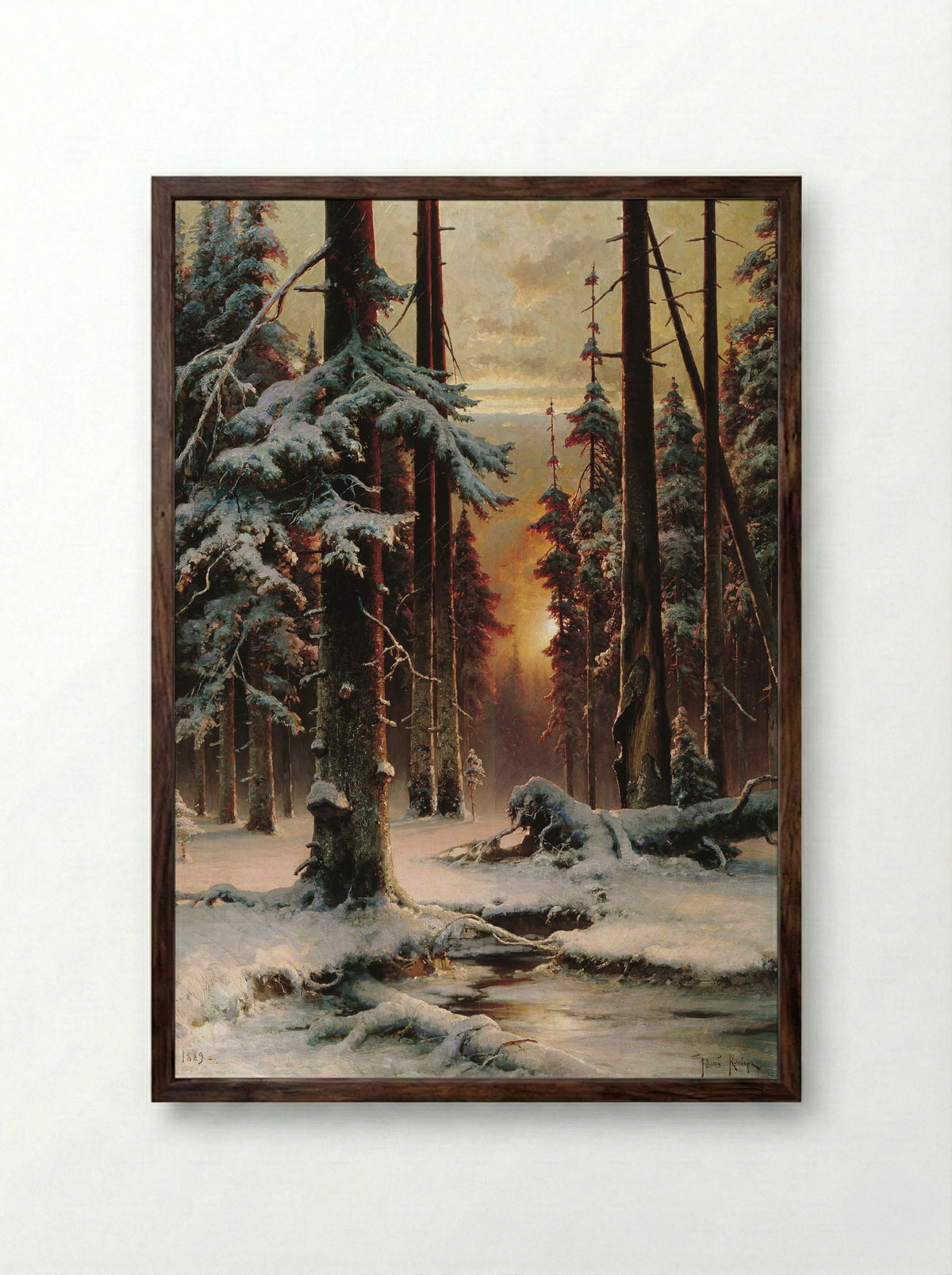 Winter Sunset in a Spruce Forest - Julius Sergius von Klever - Framed Print Dark Wood
