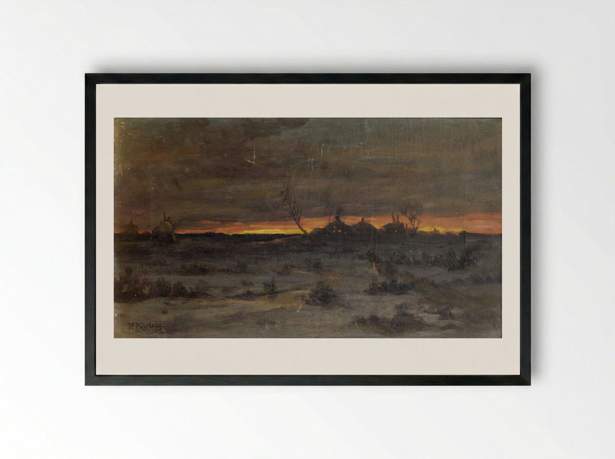 Winter Sunset over a Village - Julius Sergius von Klever - Framed Print Black