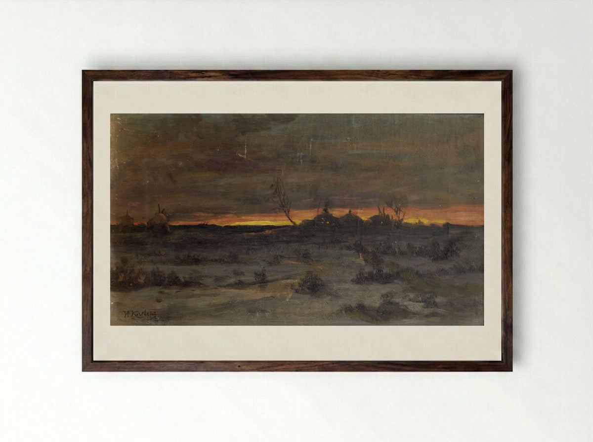 Winter Sunset over a Village - Julius Sergius von Klever - Framed Print Dark Wood