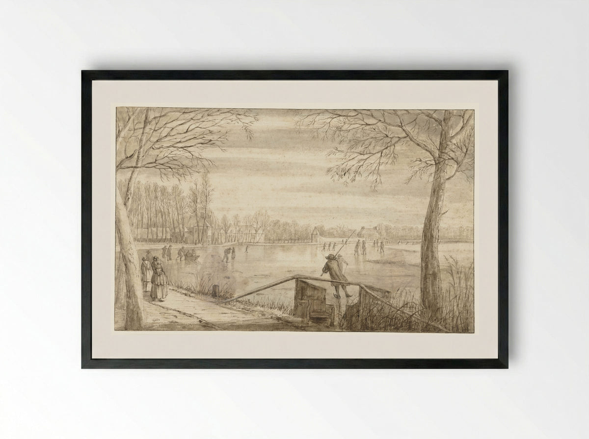 Wintergezicht met schaatsenrijders aan de Vecht - Abraham Rutgers - Framed Print Black