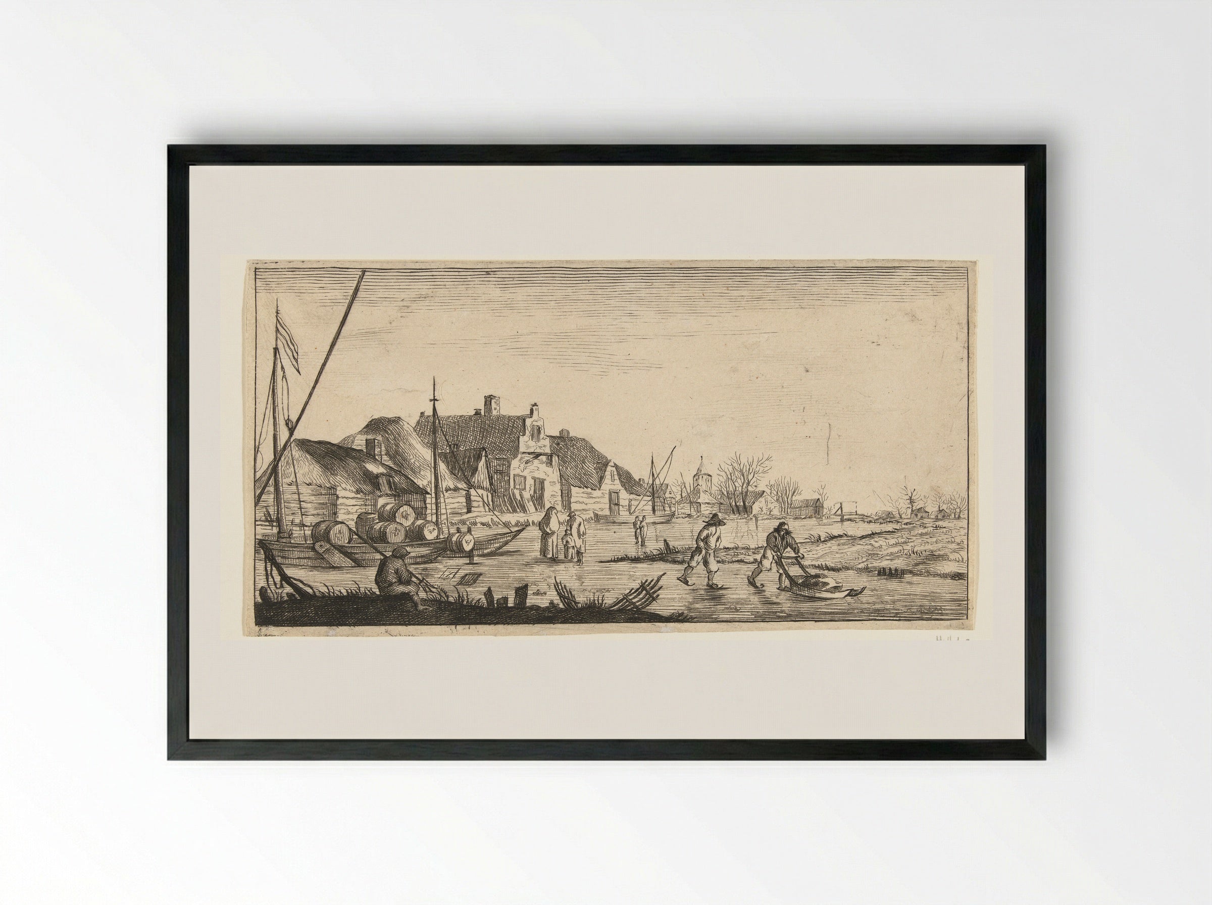 Winterlandschap met een dorp aan een rivier - Jan van de Cappelle - Framed Print Black