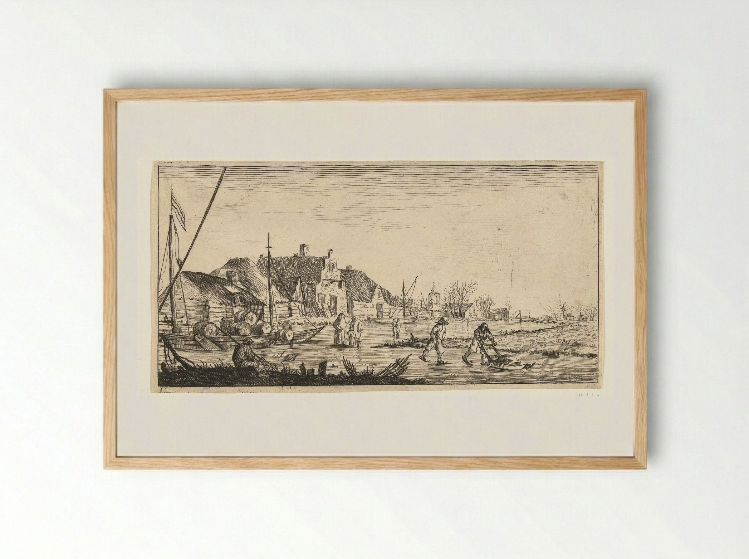 Winterlandschap met een dorp aan een rivier - Jan van de Cappelle - Framed Print Wood