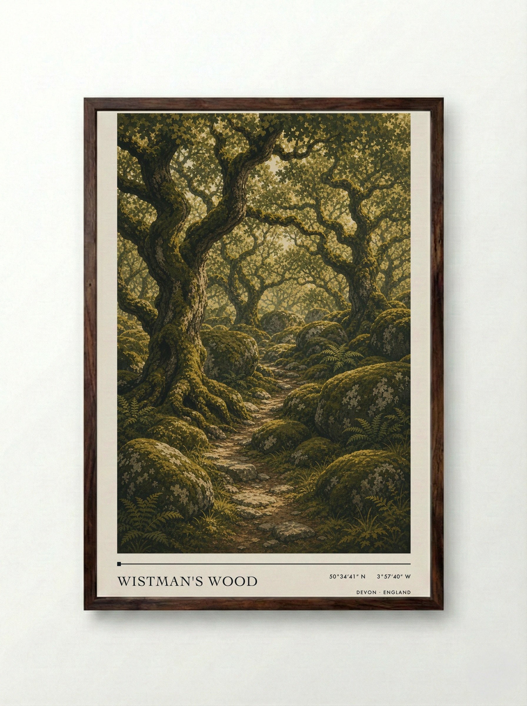 Wistman's Wood Devon England Travel Poster - Framed Print Dark Wood