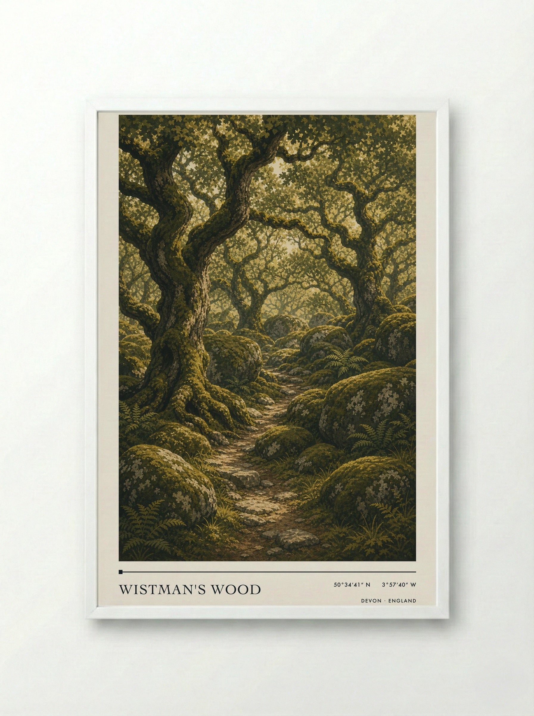 Wistman's Wood Devon England Travel Poster - Framed Print White