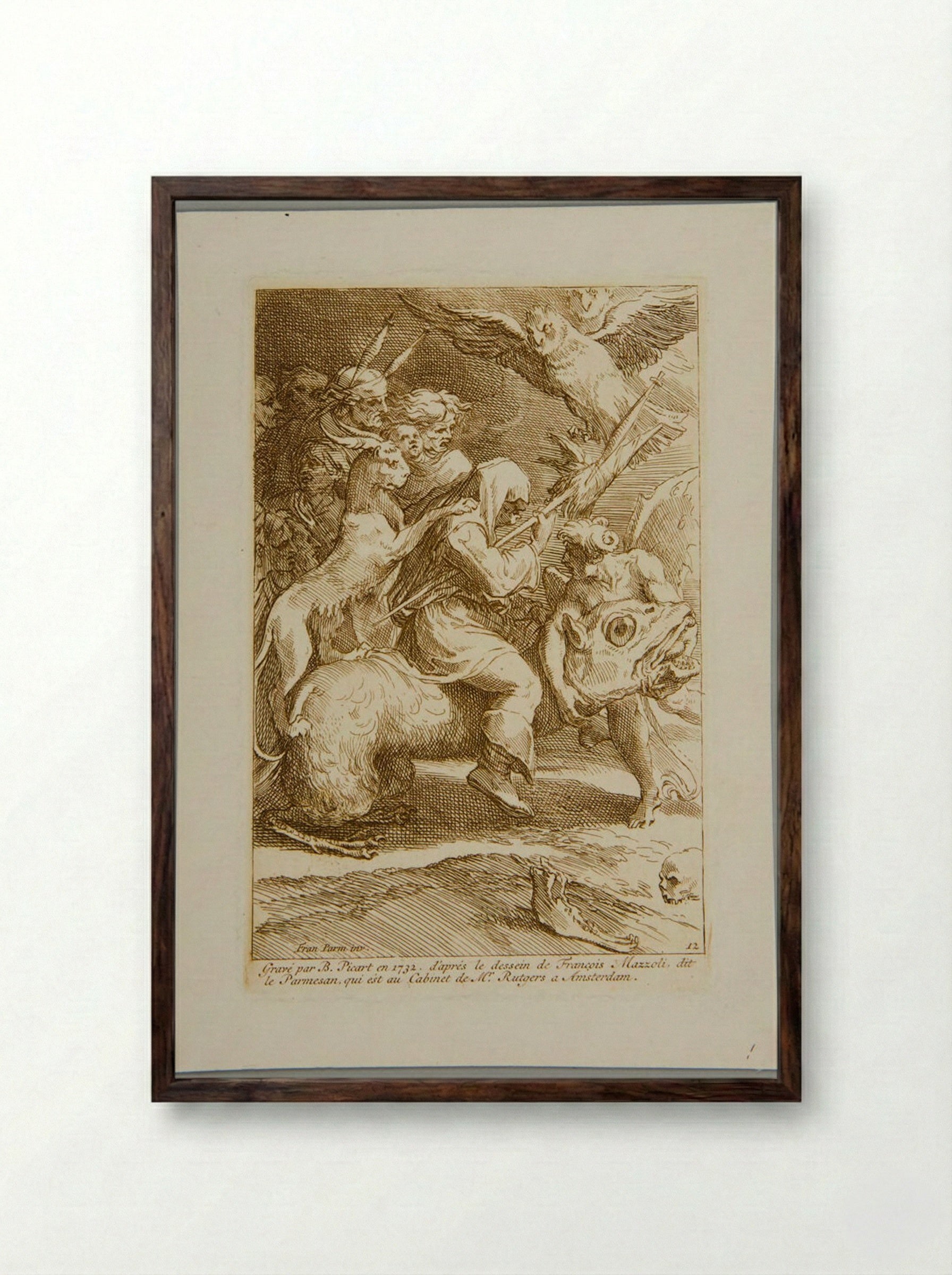 Witch Riding on a Monster - Bernard Picart - Framed Print Dark Wood
