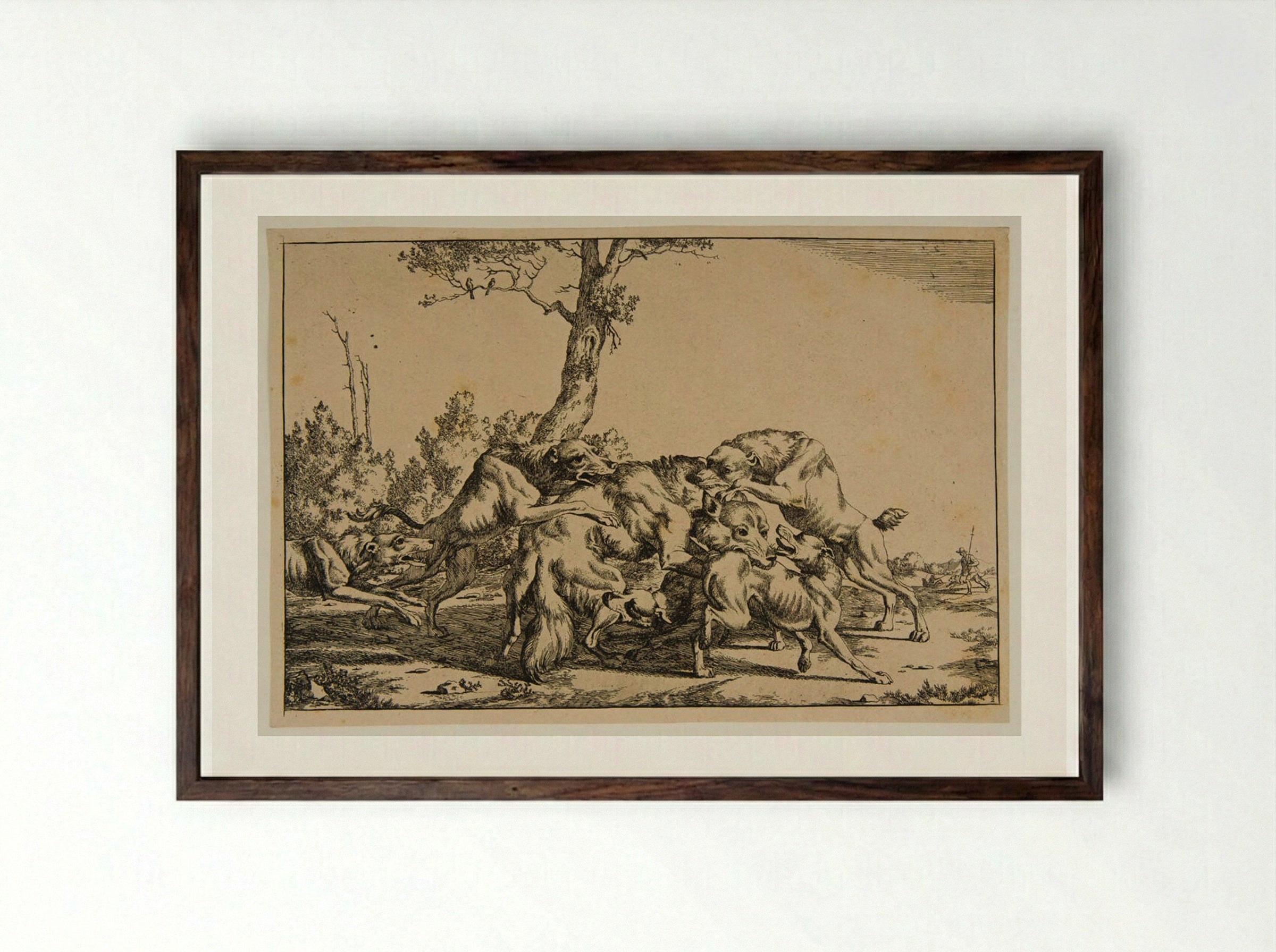 Wolf and Dogs - Marcus de Bye - Framed Print Dark Wood