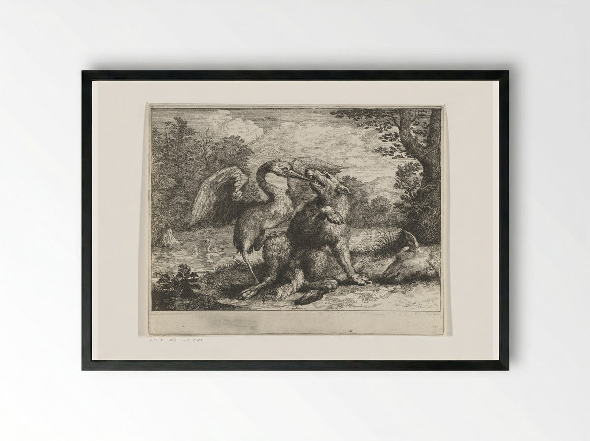 Wolf en kraanvogel - Abraham Bloteling - Framed Print Black