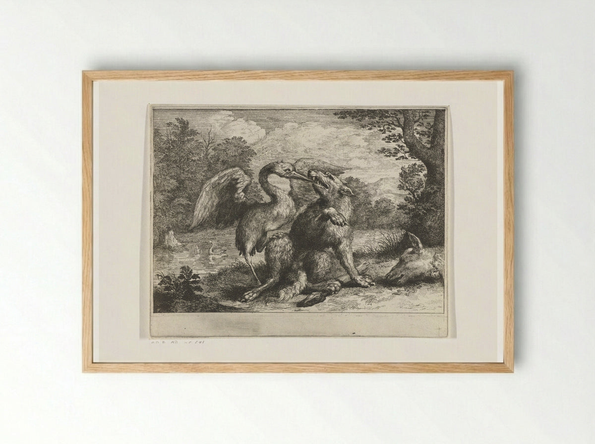 Wolf en kraanvogel - Abraham Bloteling - Framed Print Wood