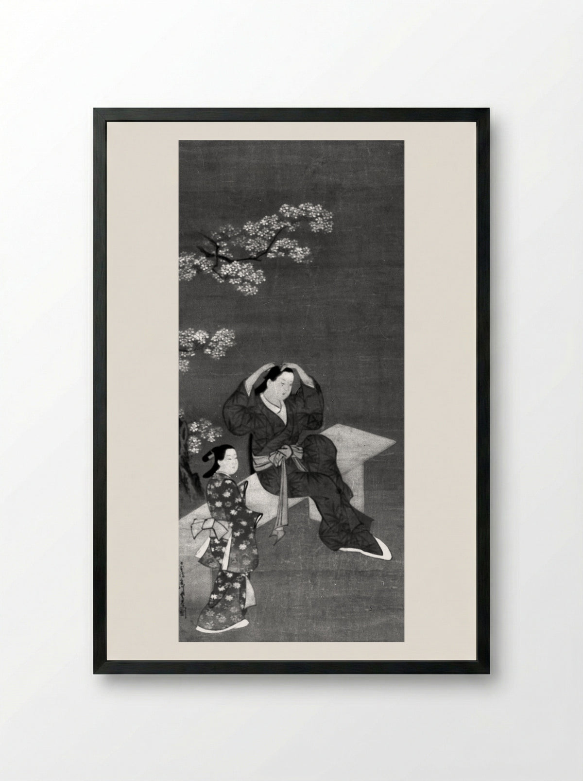 Woman Binding Her Hair and Attendant under Flowering Cherry Tree - Miyagawa Chōshun - Framed Print Black