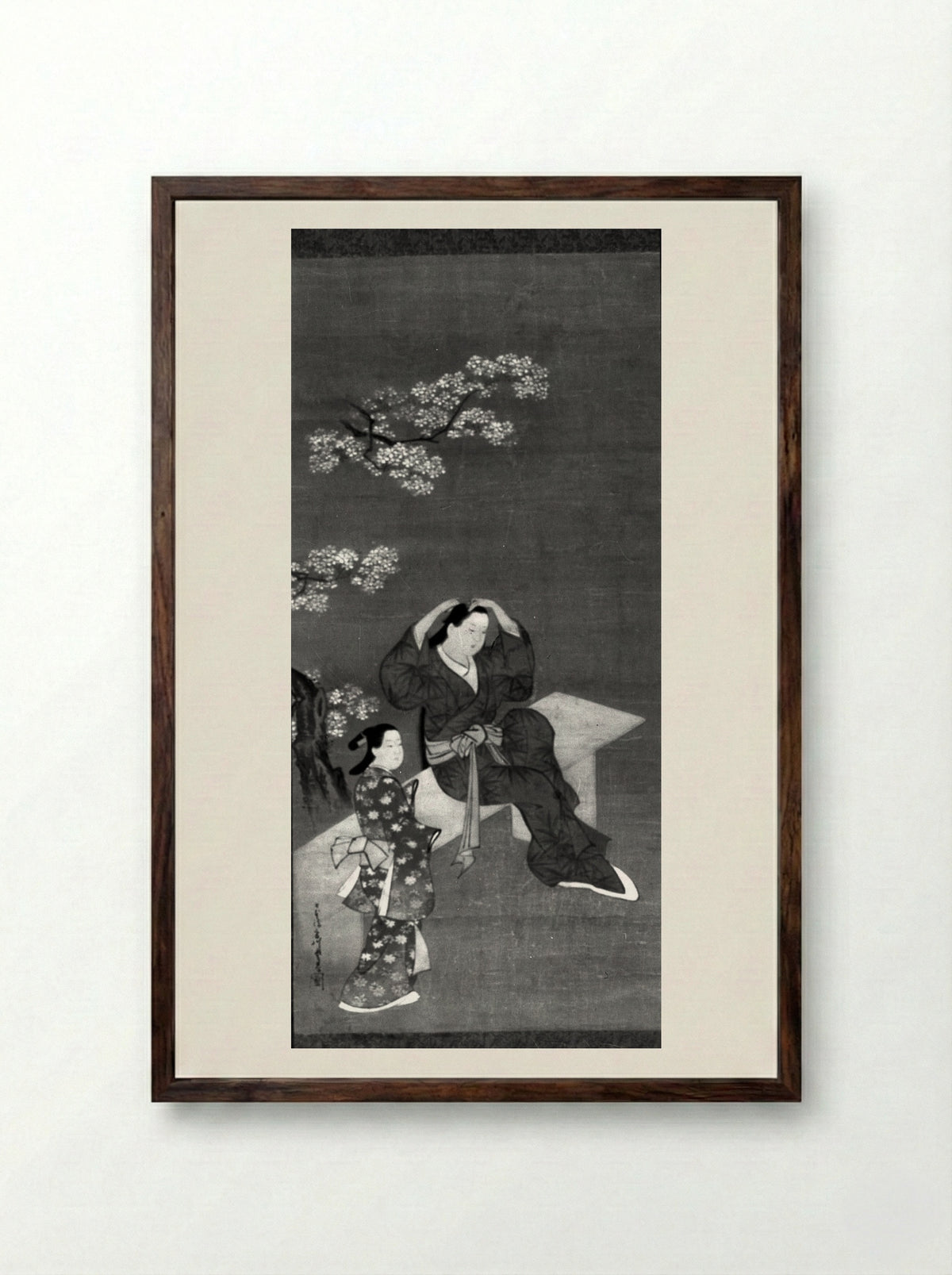 Woman Binding Her Hair and Attendant under Flowering Cherry Tree - Miyagawa Chōshun - Framed Print Dark Wood