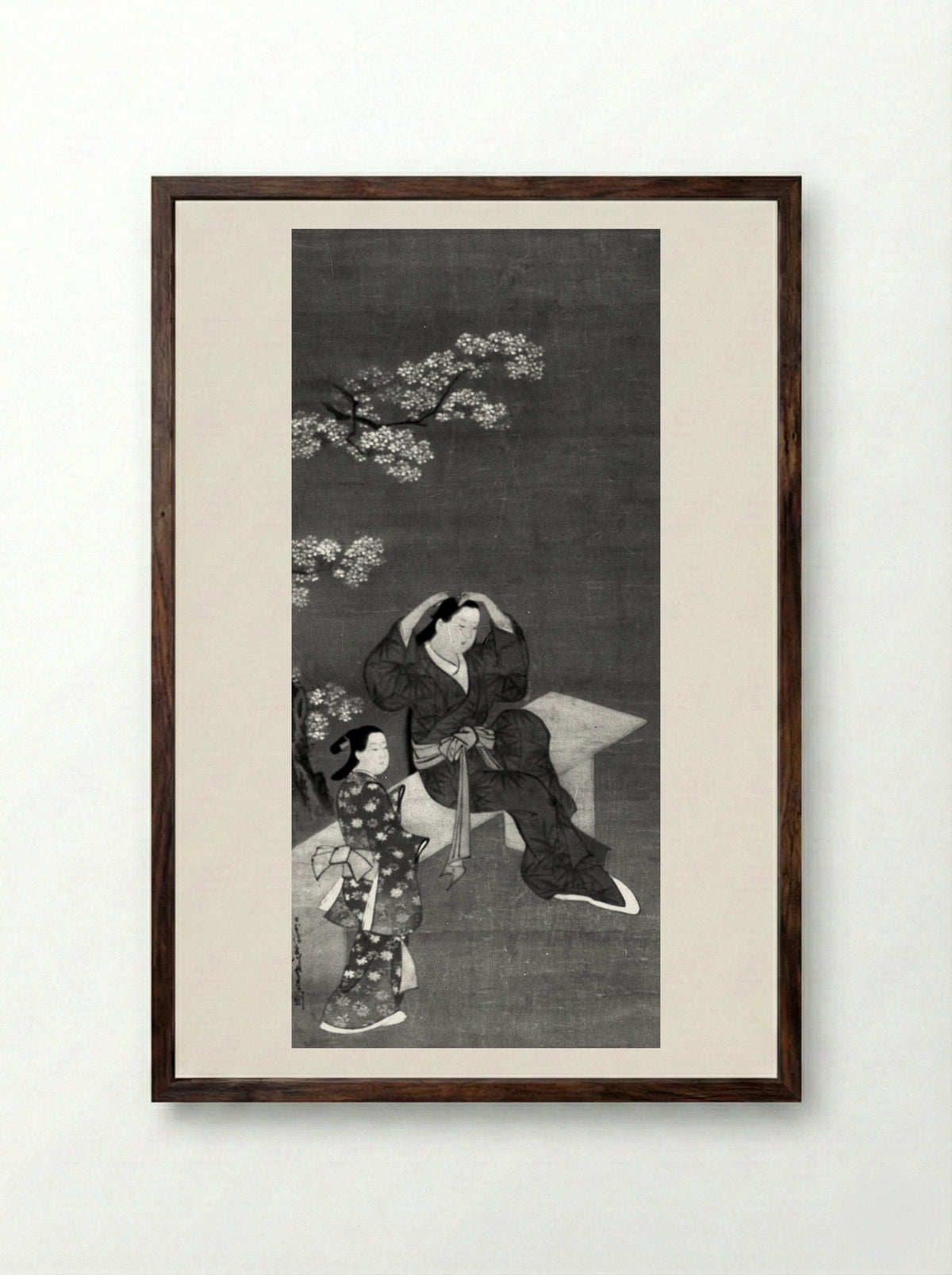 Woman Binding Her Hair and Attendant under Flowering Cherry Tree - Miyagawa Chōshun - Framed Print Dark Wood