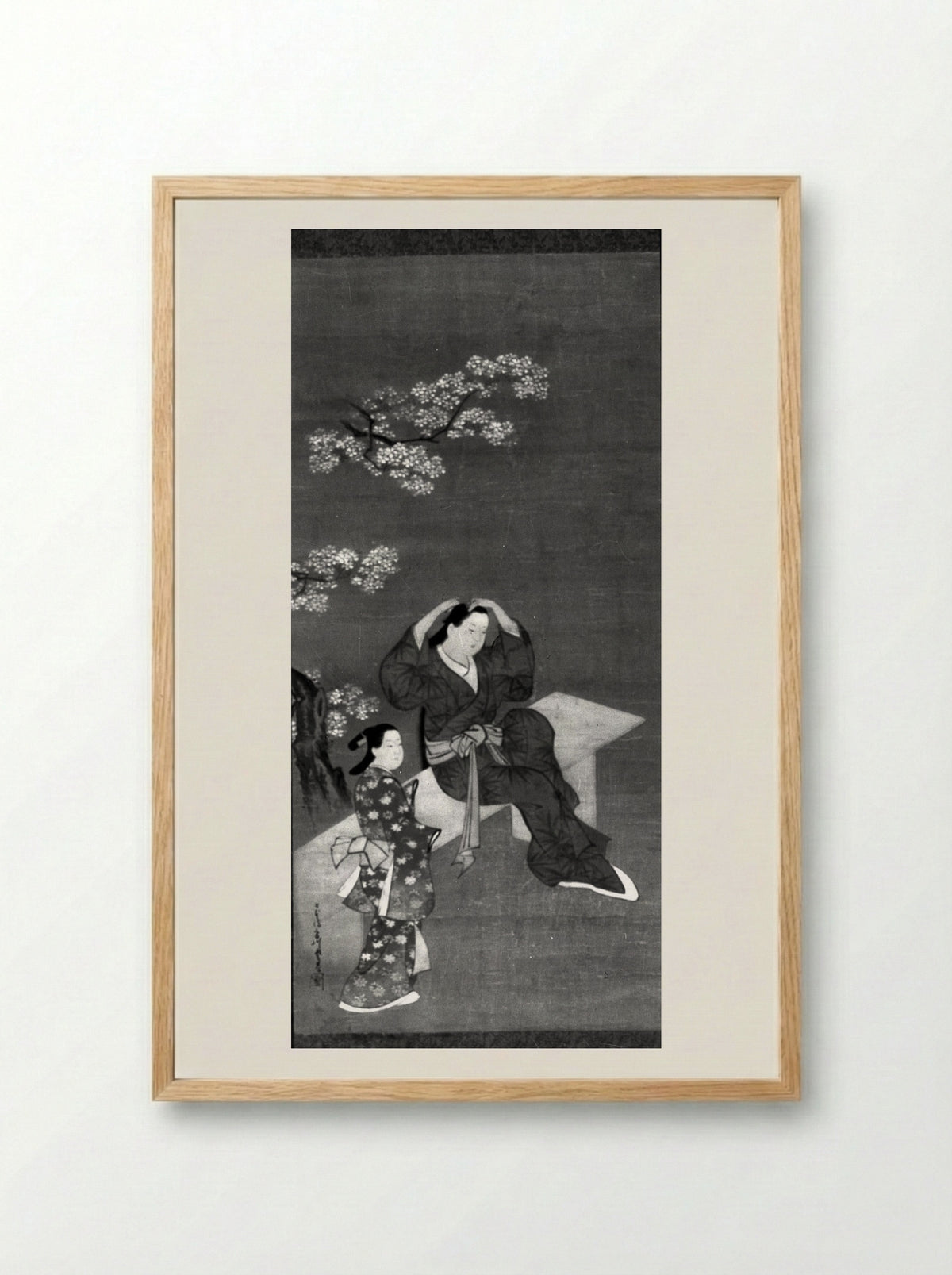Woman Binding Her Hair and Attendant under Flowering Cherry Tree - Miyagawa Chōshun - Framed Print Wood