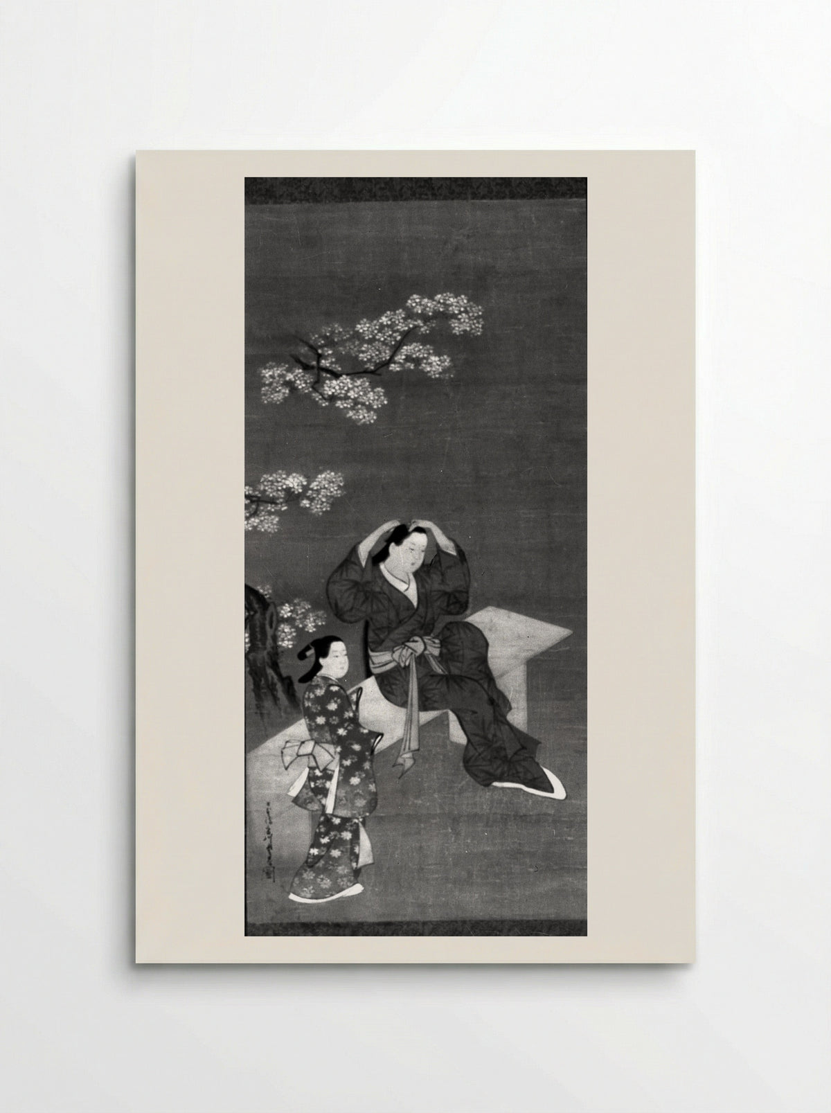 Woman Binding Her Hair and Attendant under Flowering Cherry Tree - Miyagawa Chōshun - Poster