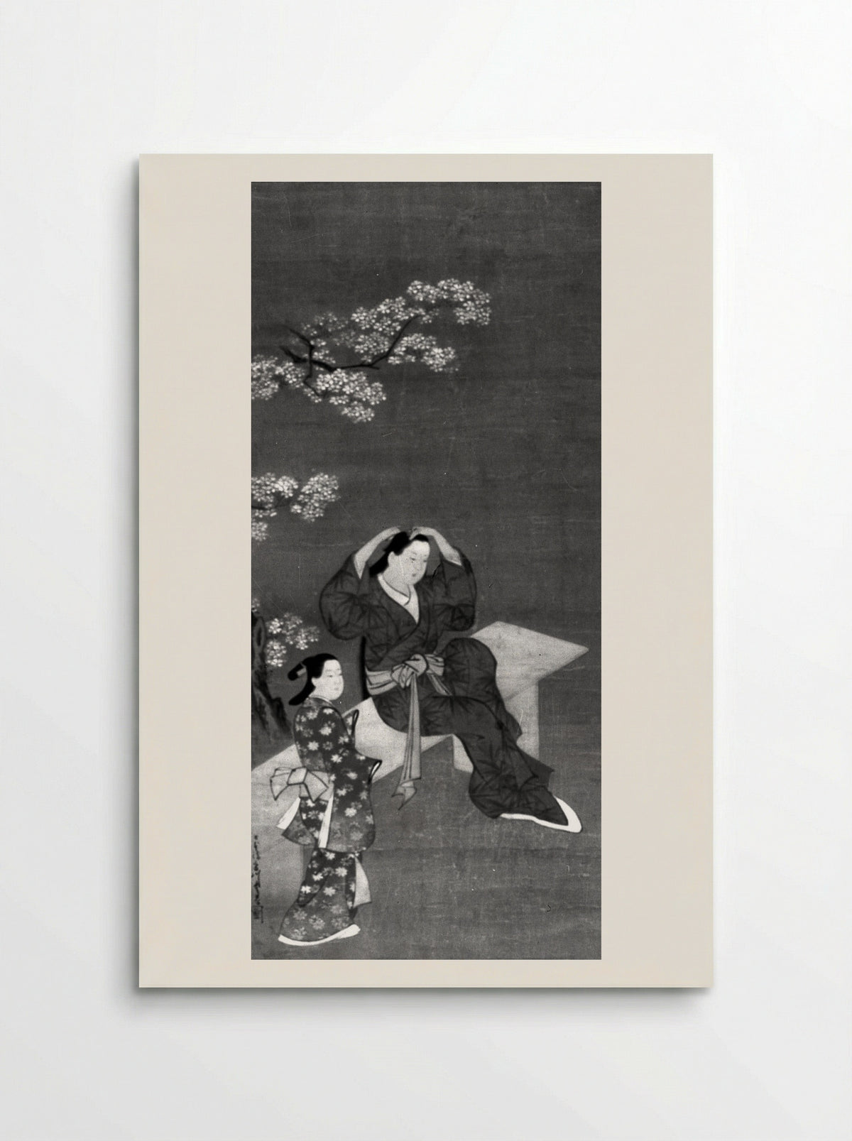 Woman Binding Her Hair and Attendant under Flowering Cherry Tree - Miyagawa Chōshun - Poster