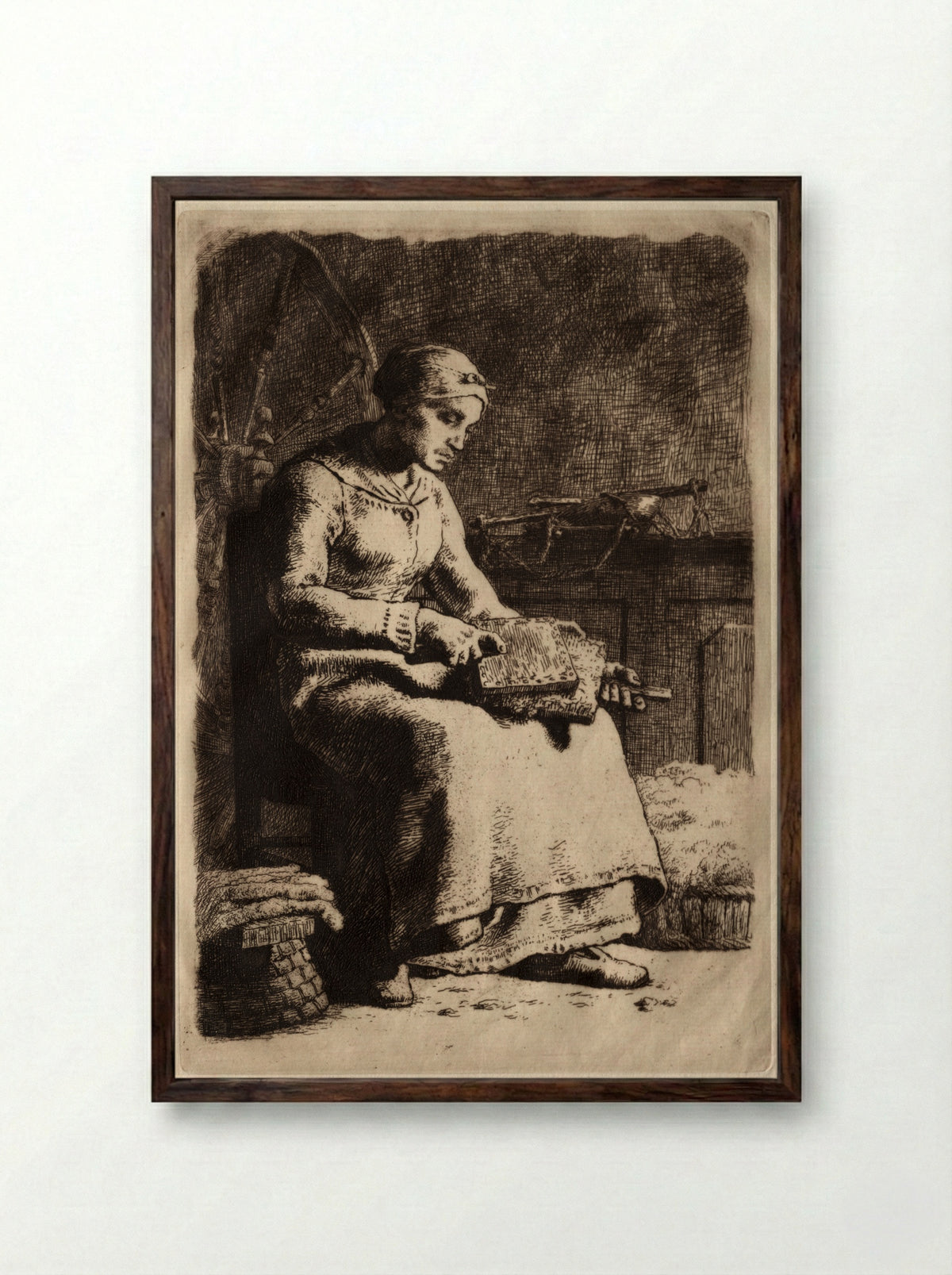 Woman Carding Wool - Jean-François Millet - Framed Print Dark Wood
