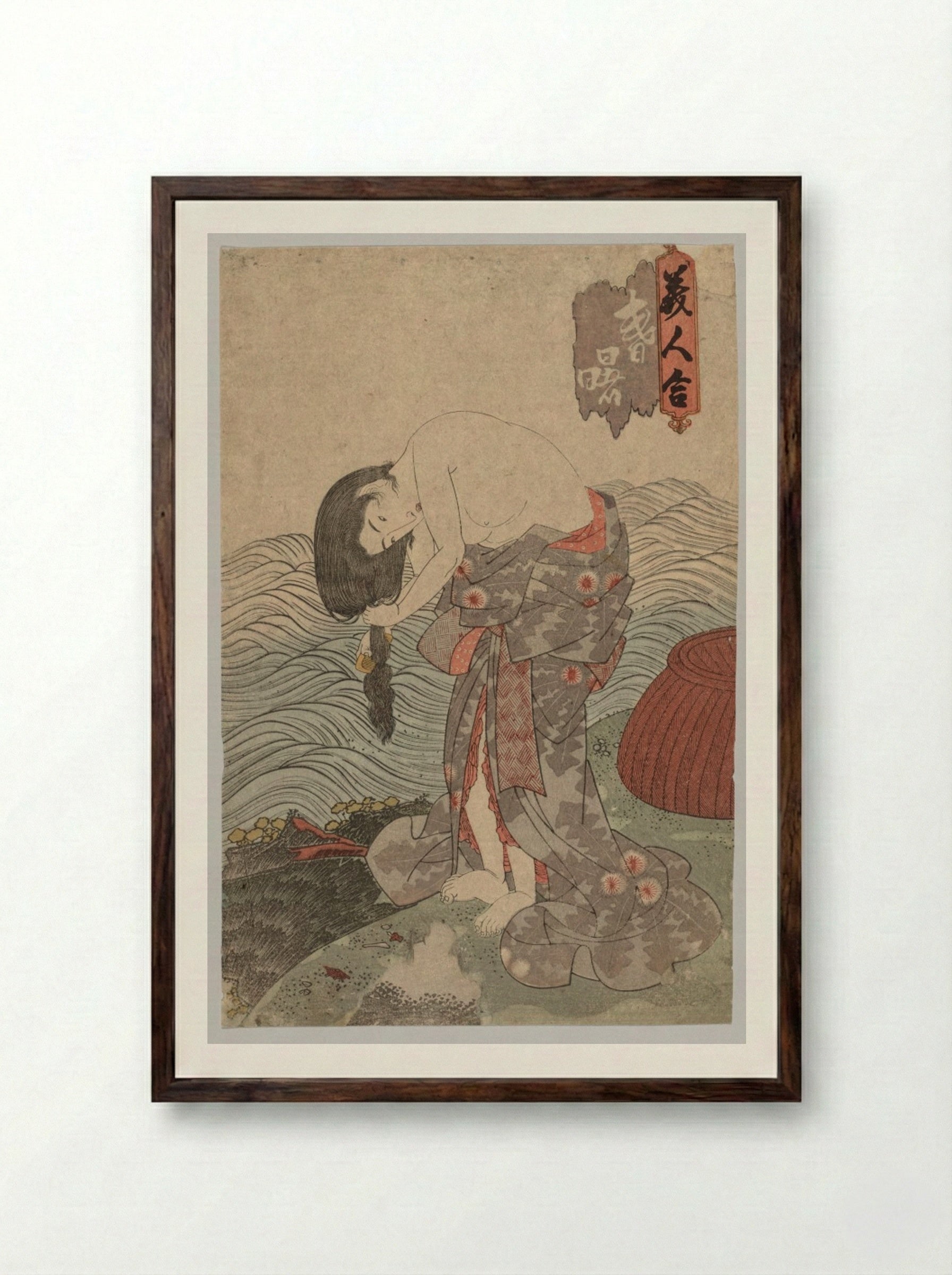 Woman Diver Combing her Hair - Utagawa Kunisada - Framed Print Dark Wood
