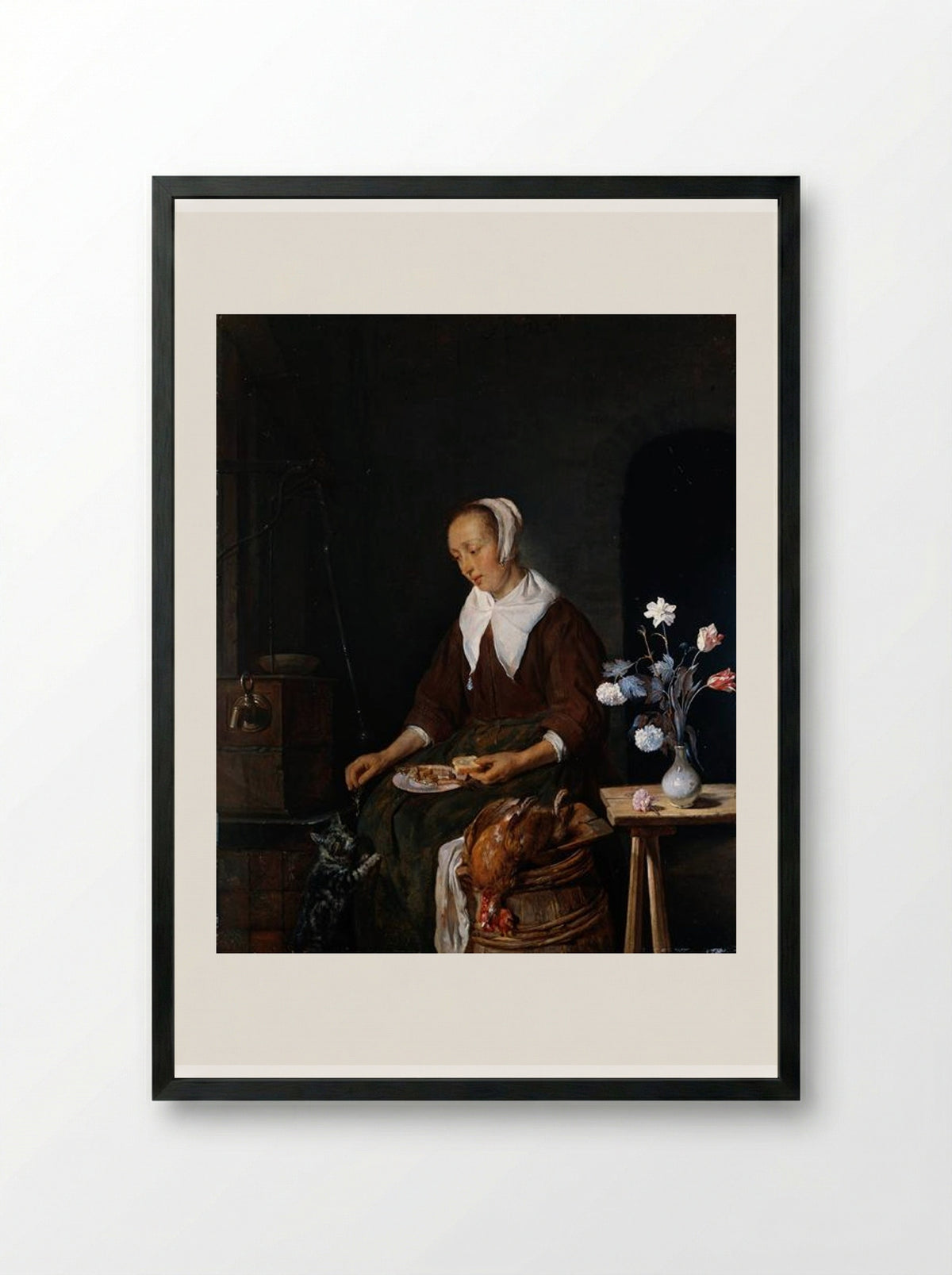 Woman Eating - Gabriel Metsu - Framed Print Black