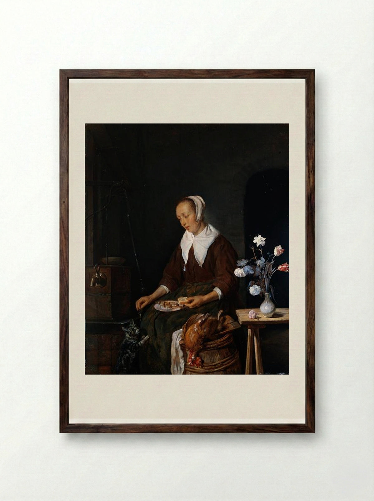 Woman Eating - Gabriel Metsu - Framed Print Dark Wood