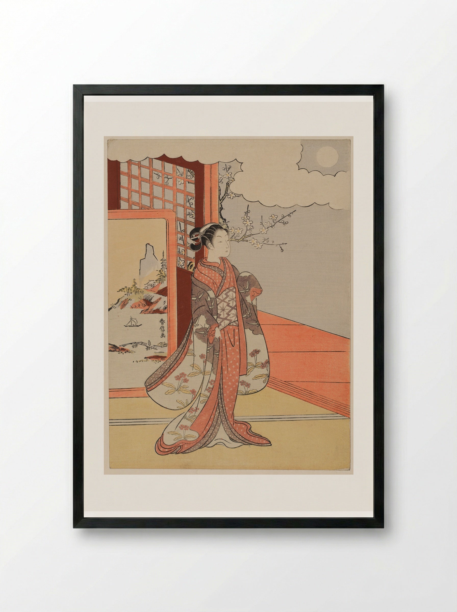 Woman Gazing at the Moon (Murasaki Shikibu) - Suzuki Harunobu - Framed Print Black