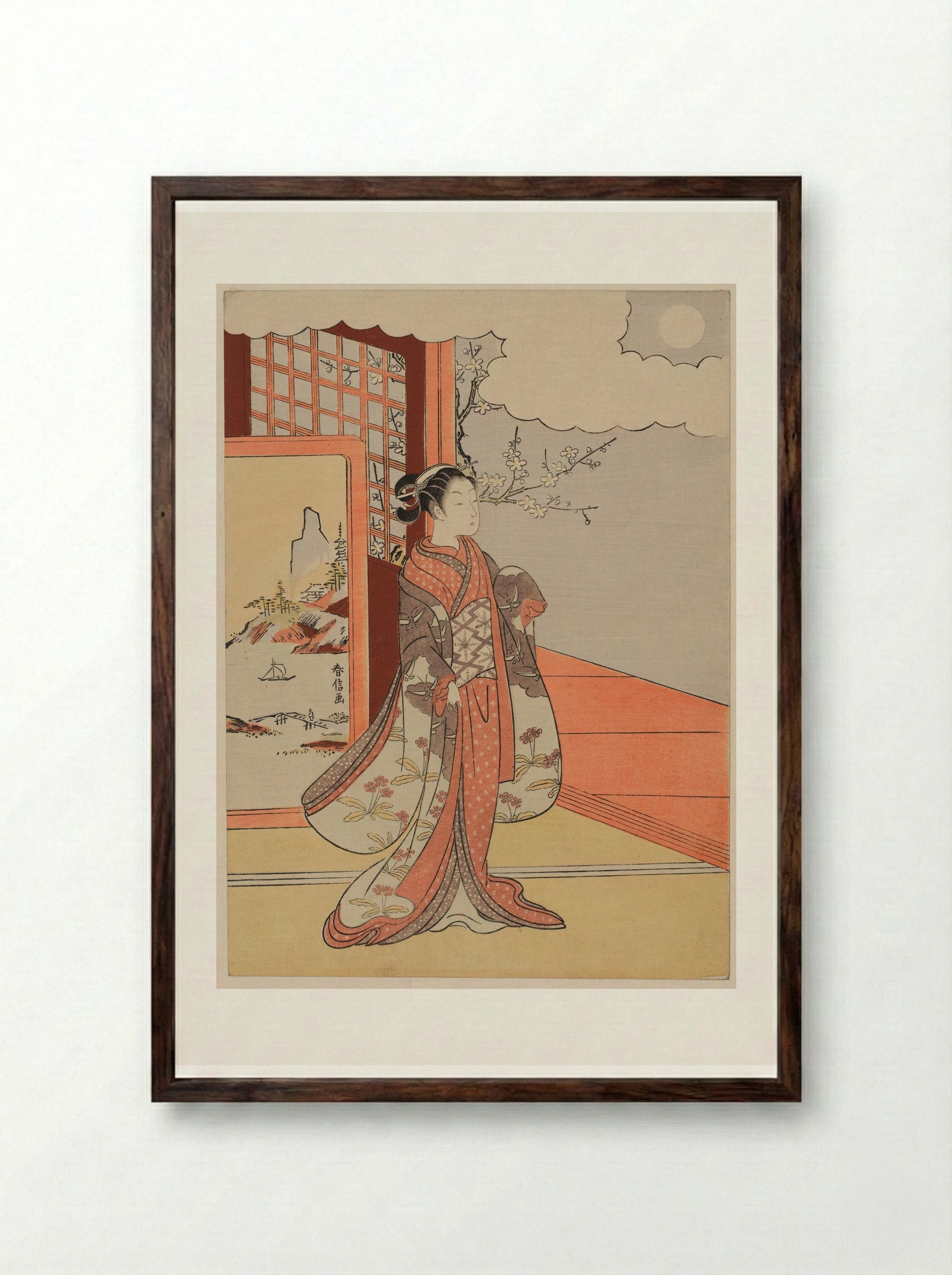 Woman Gazing at the Moon (Murasaki Shikibu) - Suzuki Harunobu - Framed Print Dark Wood