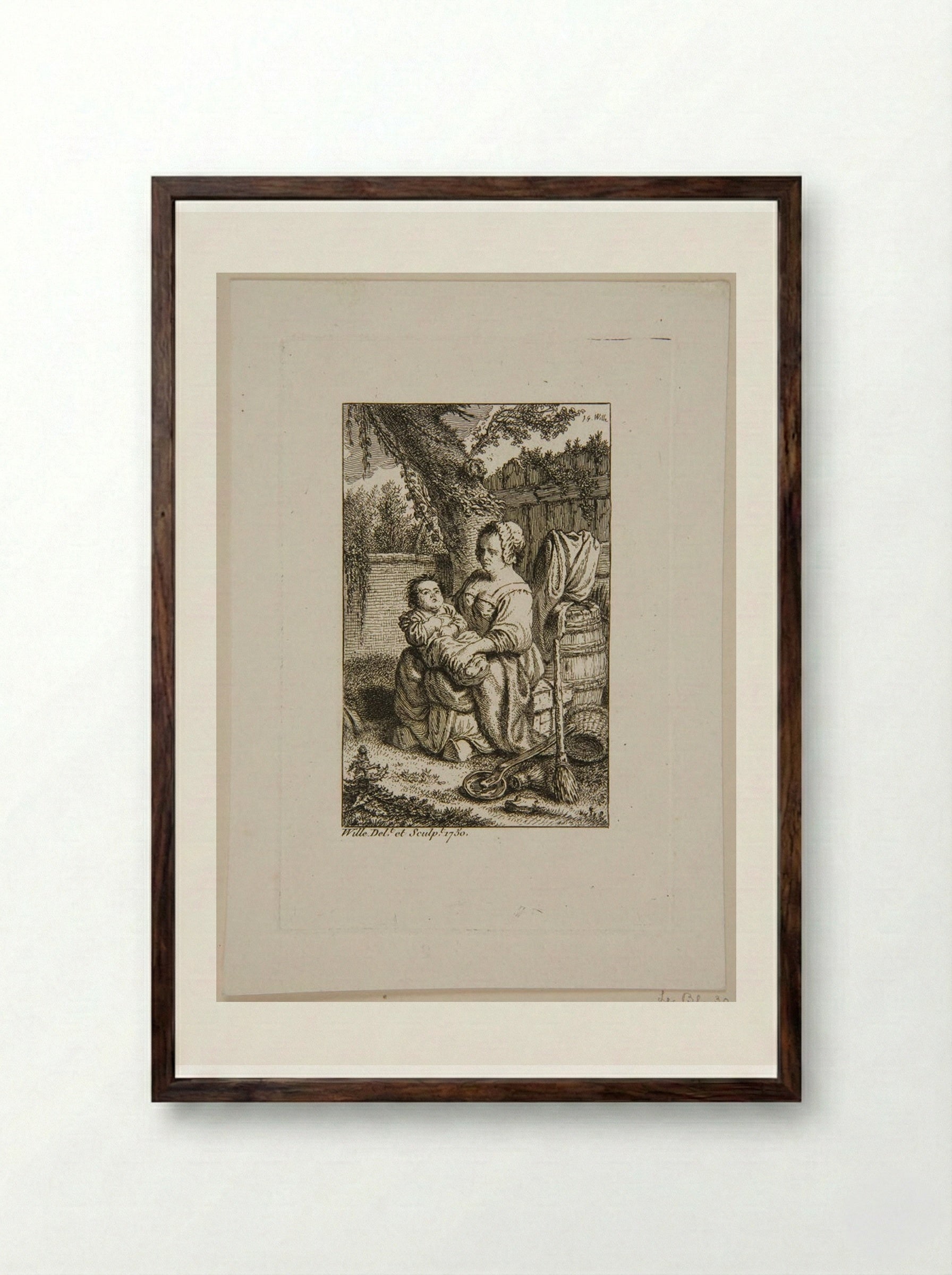 Woman Holding a Child - Johann Georg Wille - Framed Print Dark Wood
