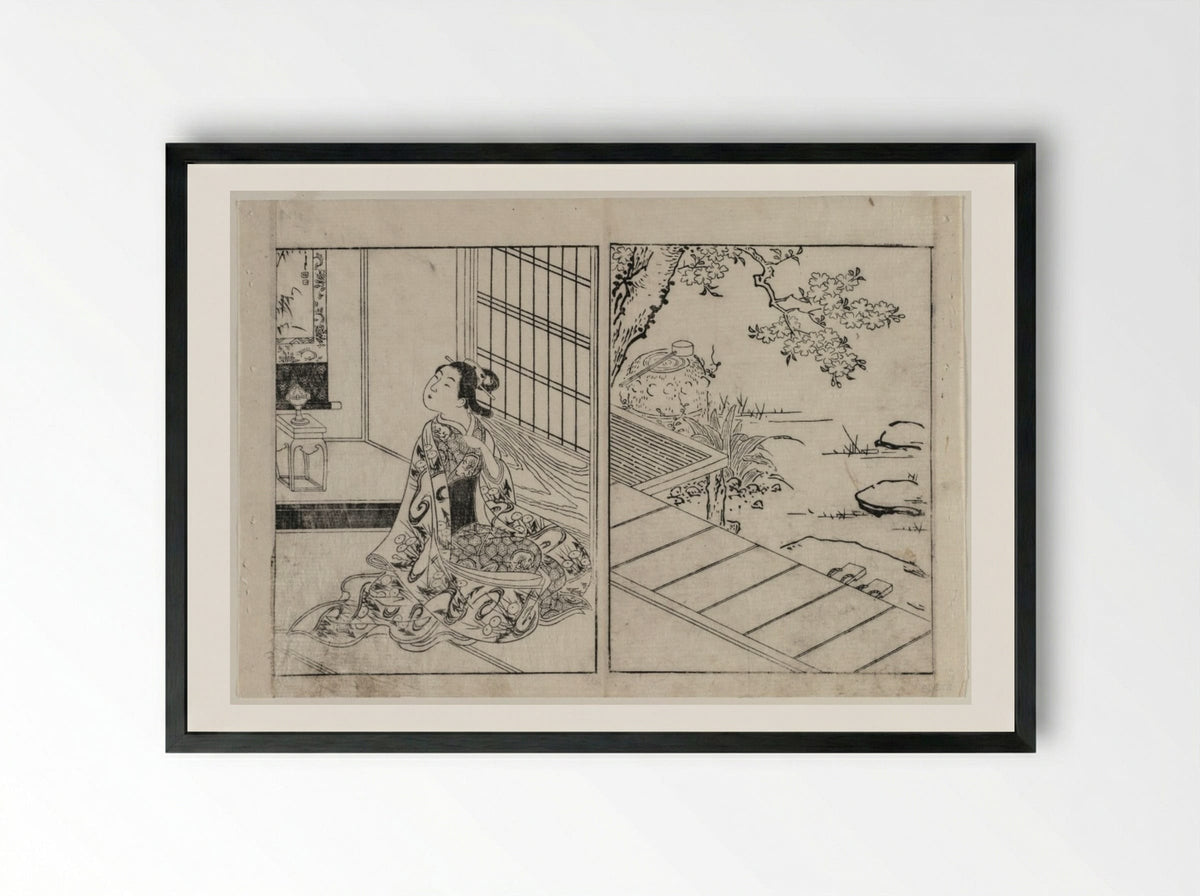 Woman Looking at a Hanging Scroll - Nishikawa Sukenobu - Framed Print Black
