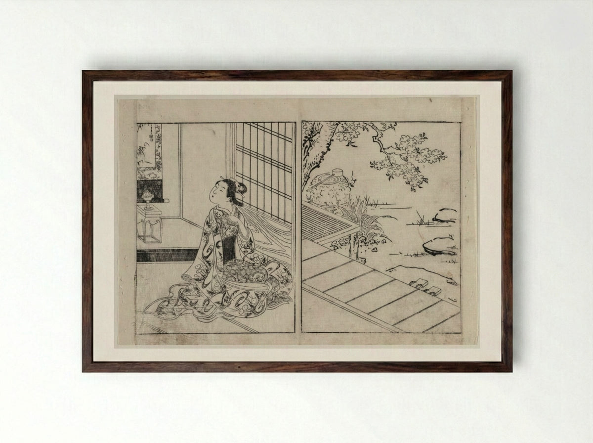 Woman Looking at a Hanging Scroll - Nishikawa Sukenobu - Framed Print Dark Wood