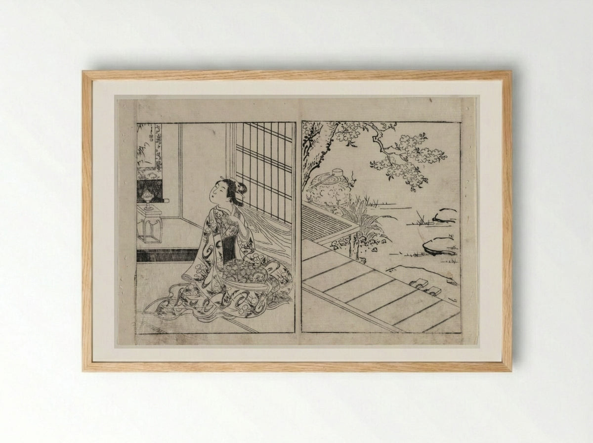Woman Looking at a Hanging Scroll - Nishikawa Sukenobu - Framed Print Wood