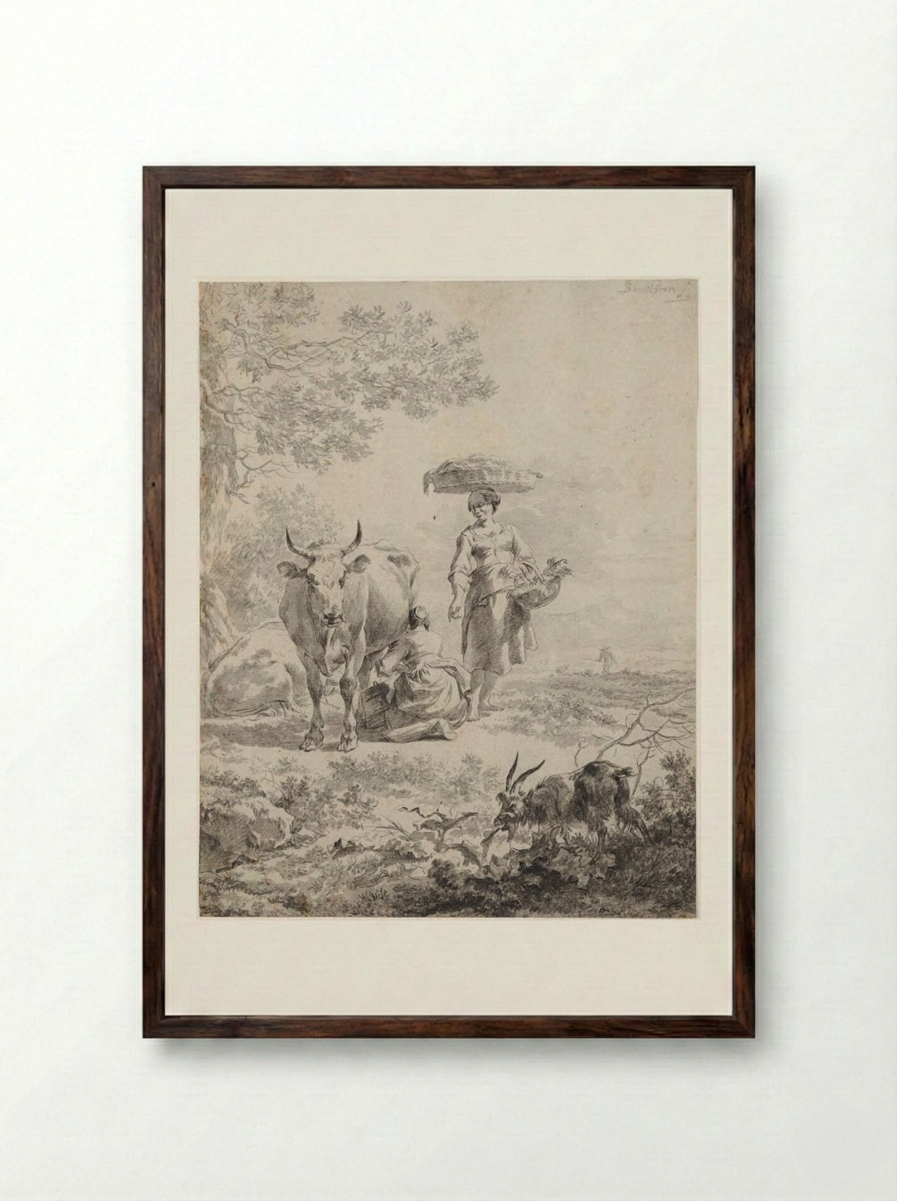 Woman Milking a Cow - Nicolaes Berchem the Elder - Framed Print Dark Wood