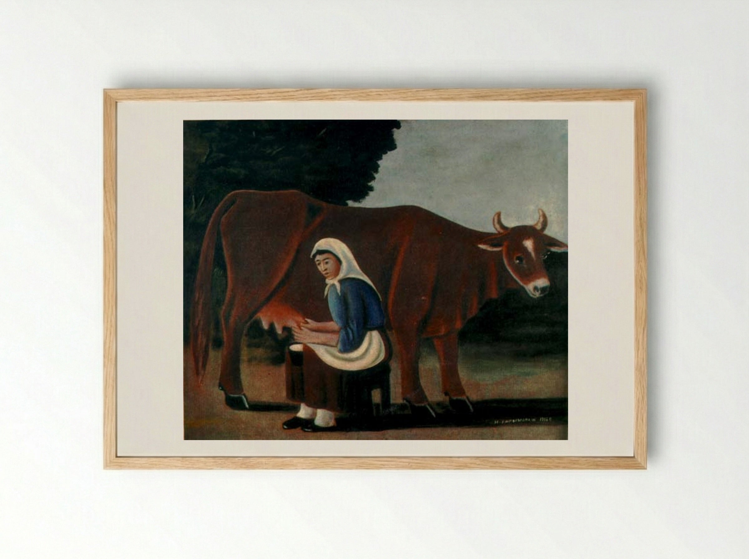 Woman Milking a Cow - Niko Pirosmani - Framed Print Wood