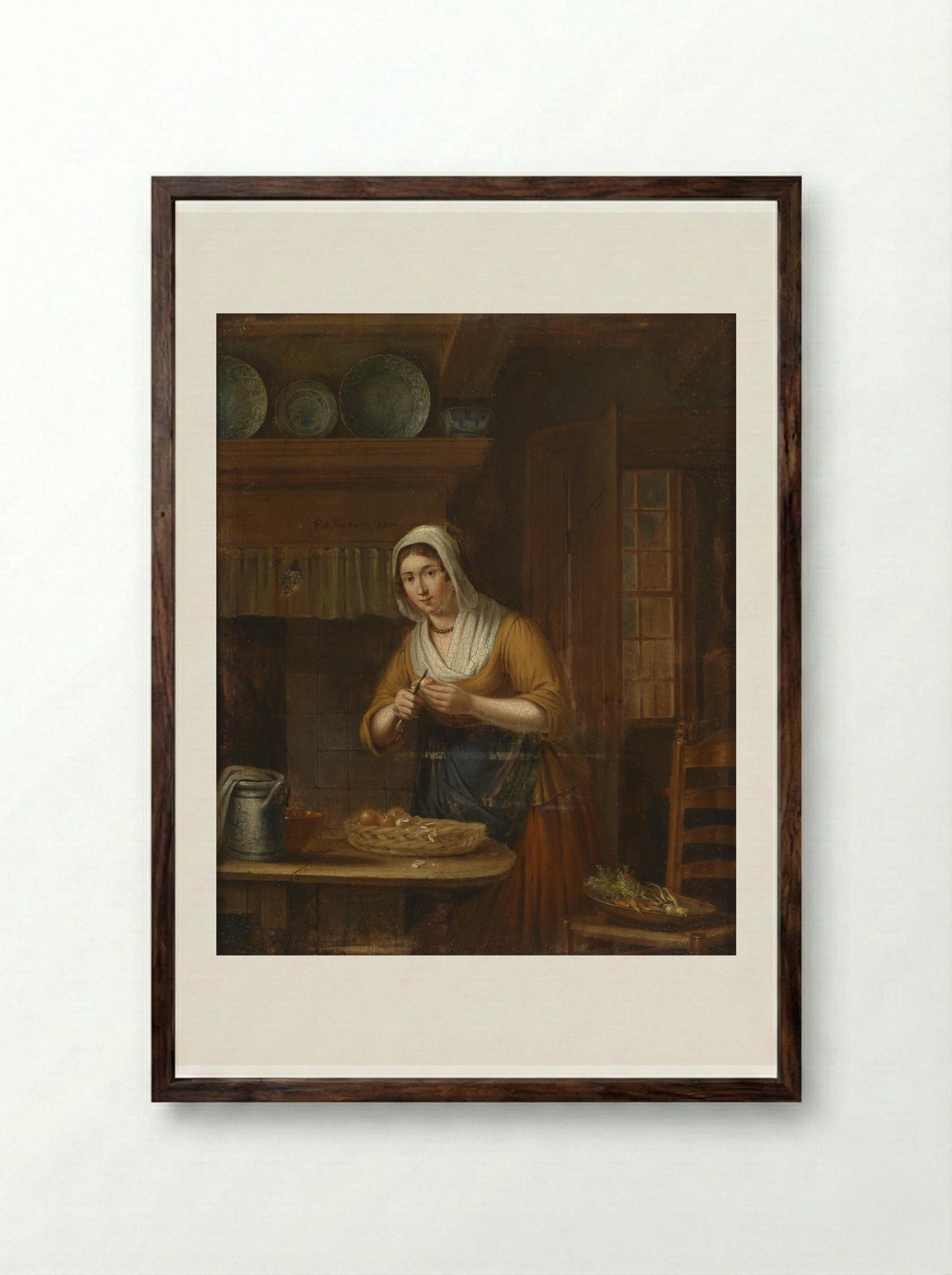 Woman Peeling Apples in a Kitchen - Elisabeth Alida Haanen - Framed Print Dark Wood