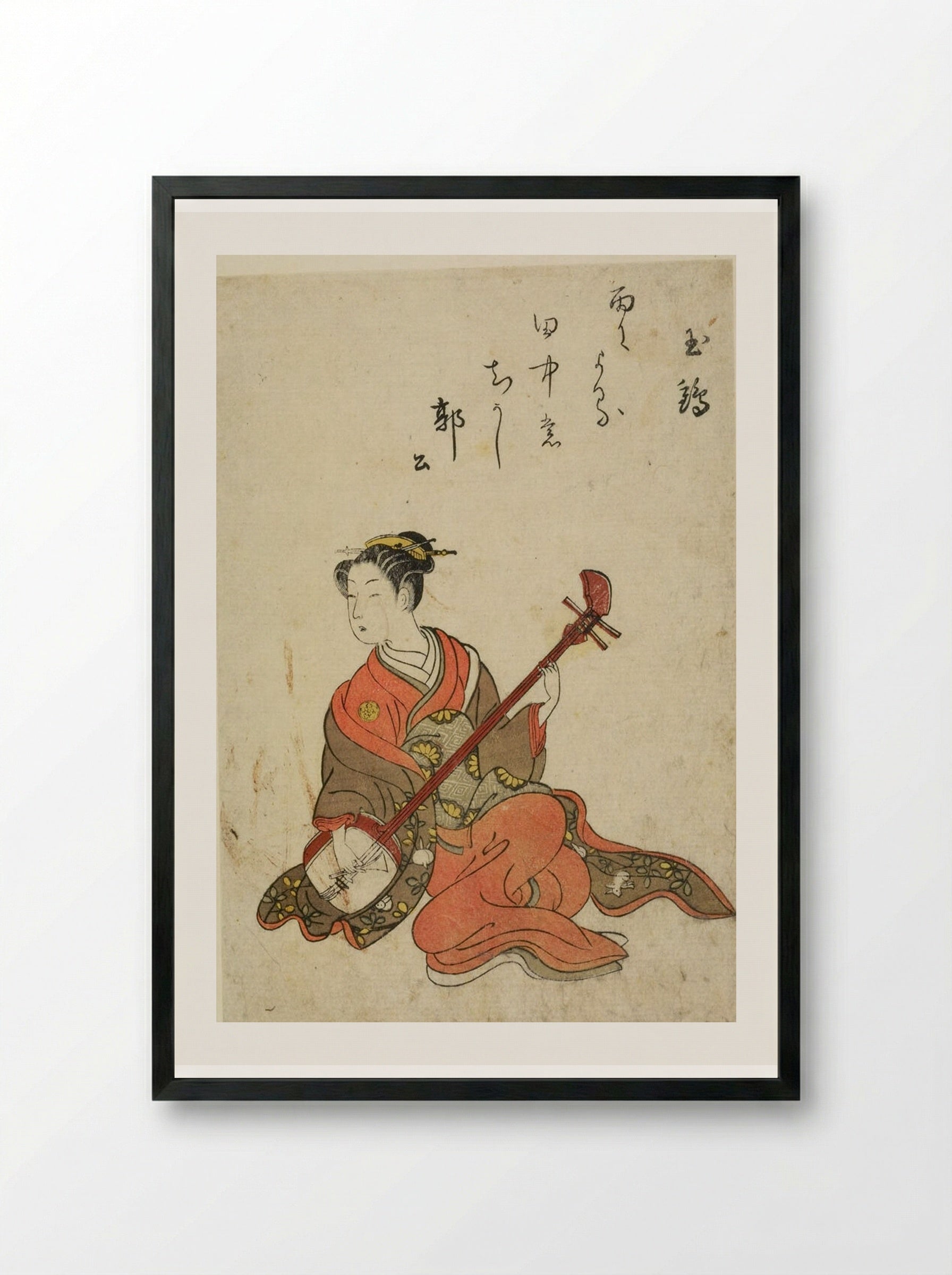 Woman Playing Shamisen - Suzuki Harunobu - Framed Print Black