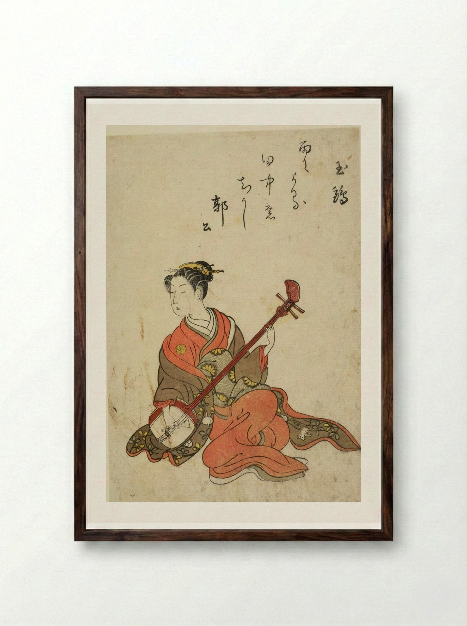 Woman Playing Shamisen - Suzuki Harunobu - Framed Print Dark Wood