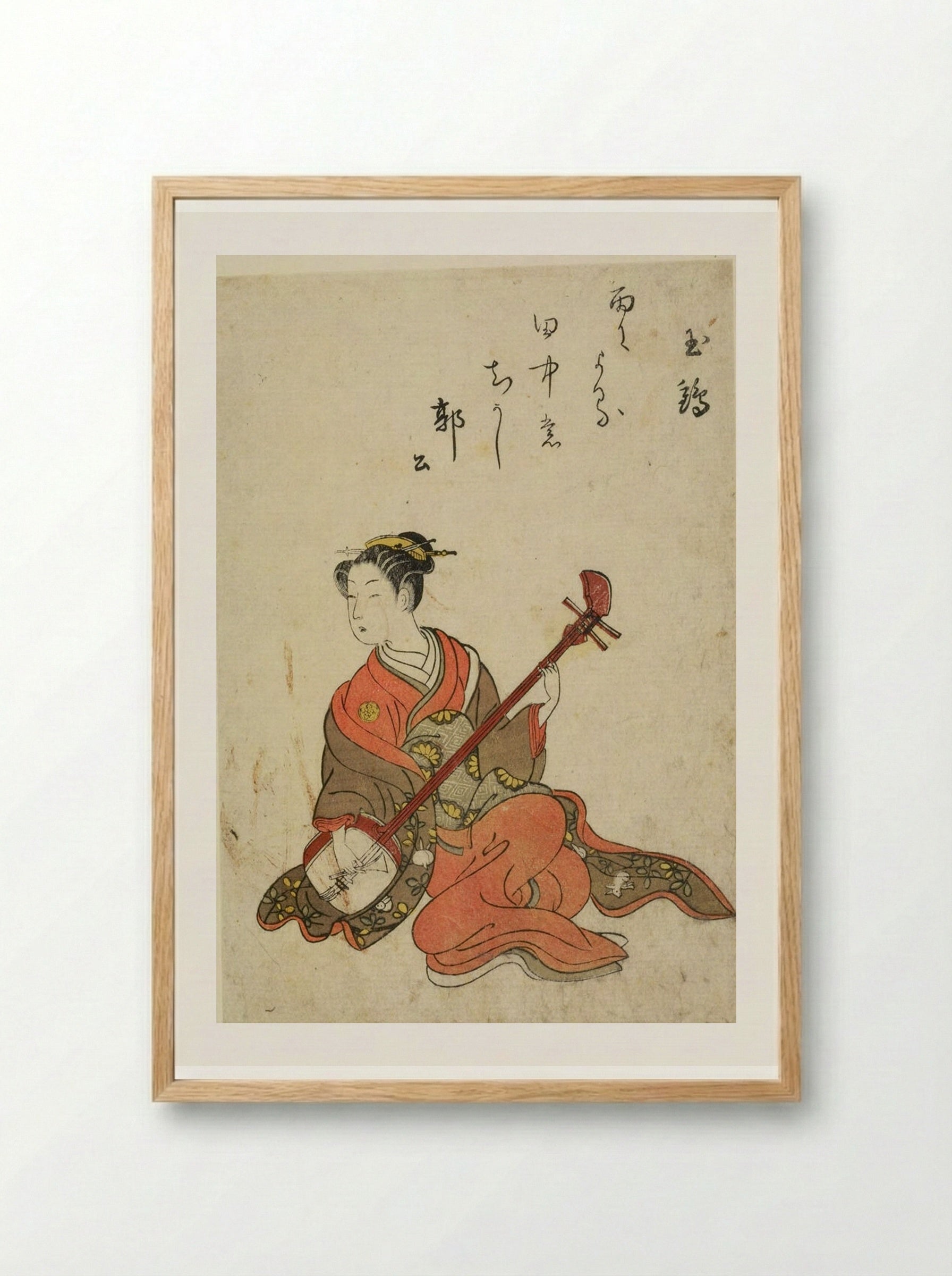 Woman Playing Shamisen - Suzuki Harunobu - Framed Print Wood