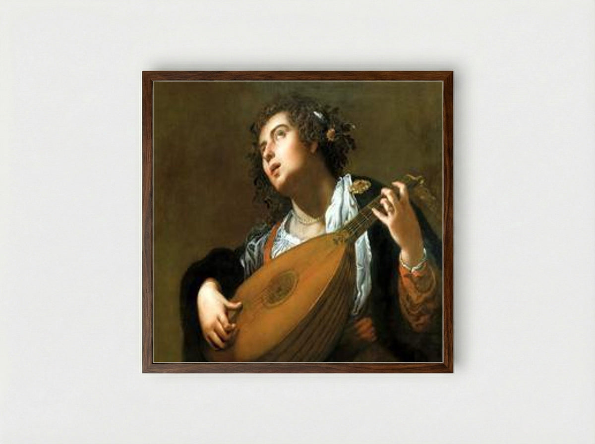 Woman Playing a Lute - Artemisia Gentileschi - Framed Print Dark Wood