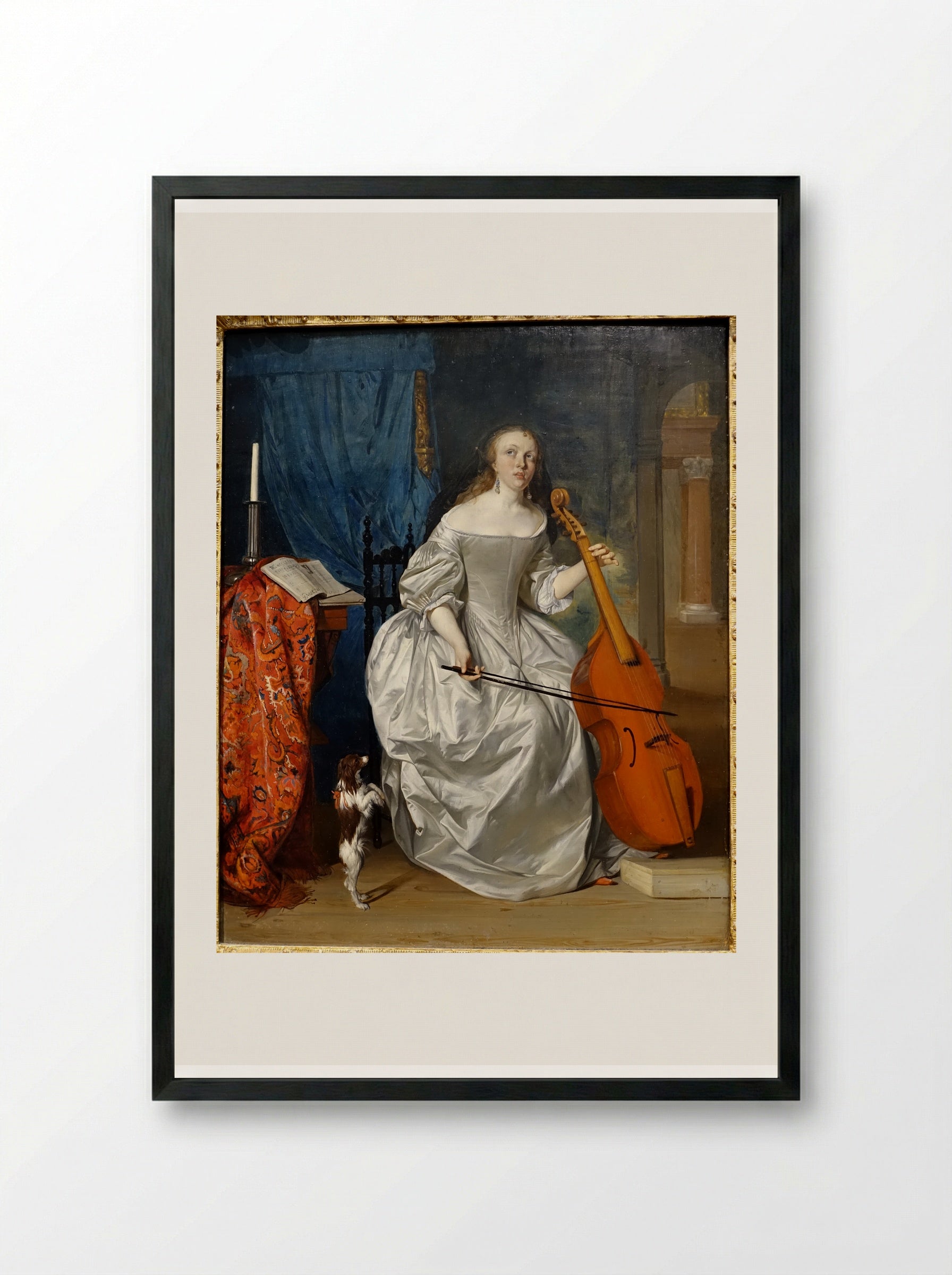 Woman Playing a Viola de Gamba - Gabriel Metsu - Framed Print Black