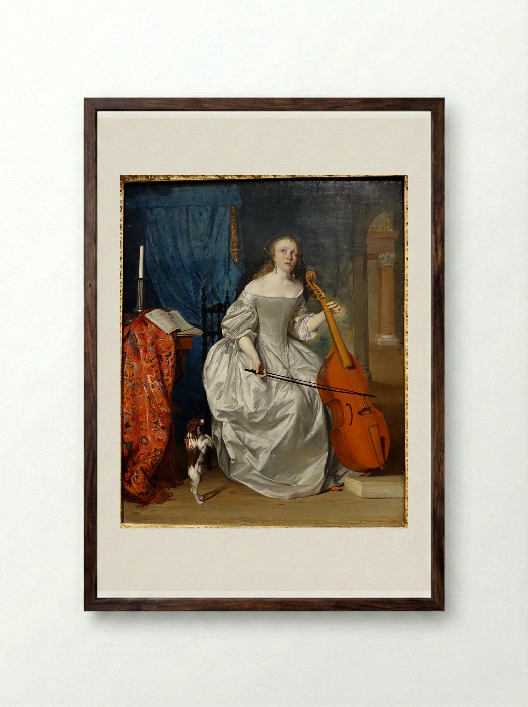 Woman Playing a Viola de Gamba - Gabriel Metsu - Framed Print Dark Wood