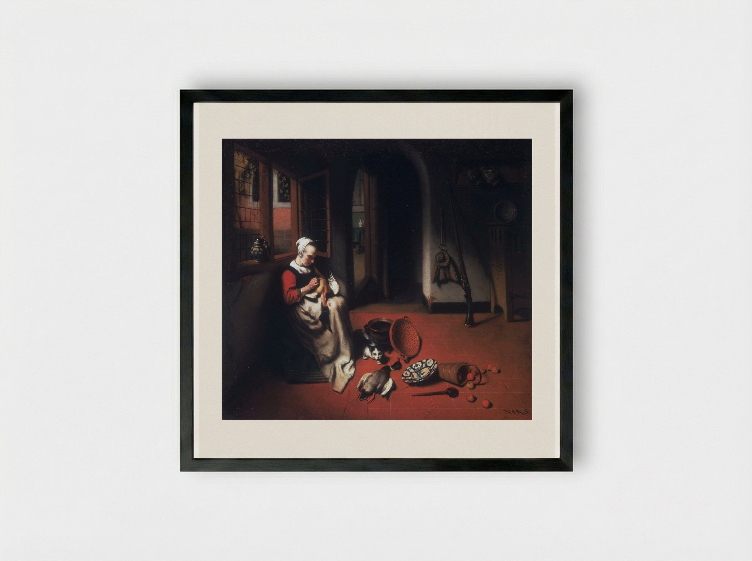 Woman Plucking a Duck - Nicolaes Maes - Framed Print Black