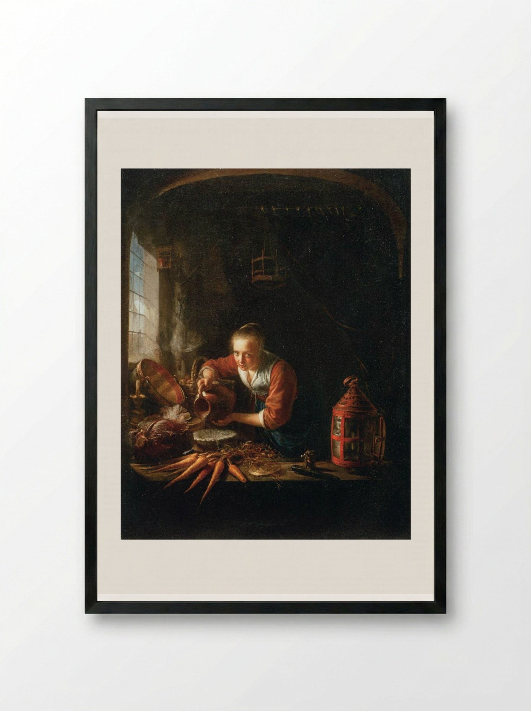 Woman Pouring Water into a Jar - Gerrit Dou - Framed Print Black
