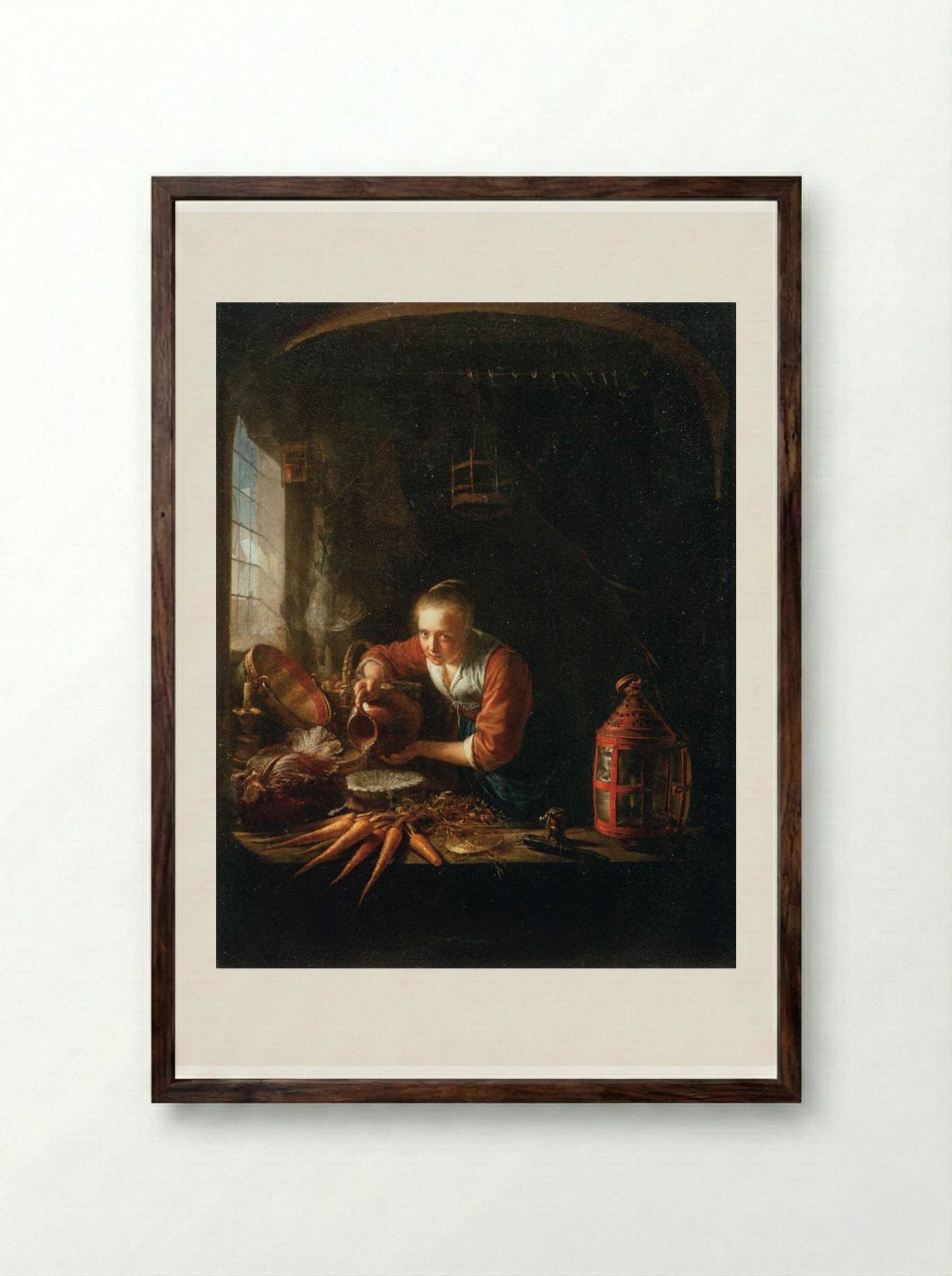 Woman Pouring Water into a Jar - Gerrit Dou - Framed Print Dark Wood