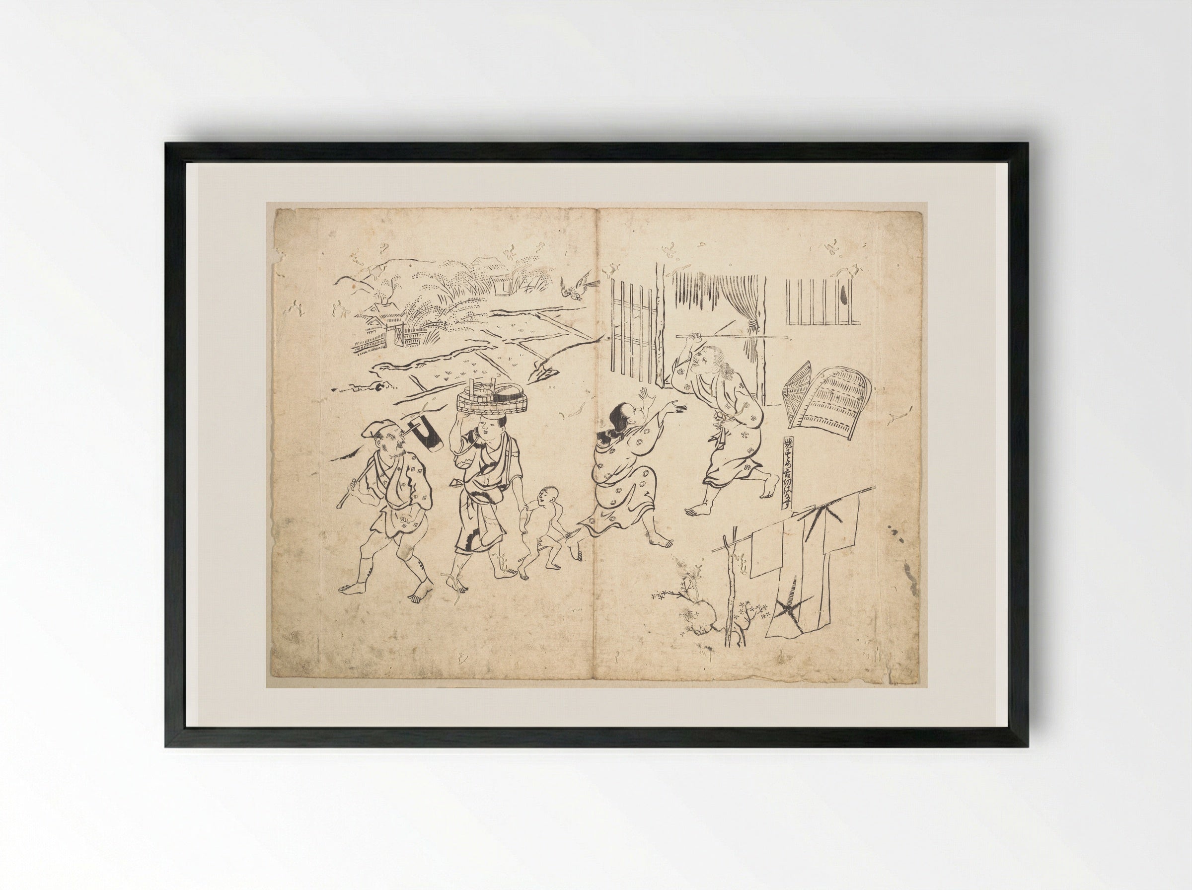 Woman Pursuing Sparrow - Okumura Masanobu - Framed Print Black