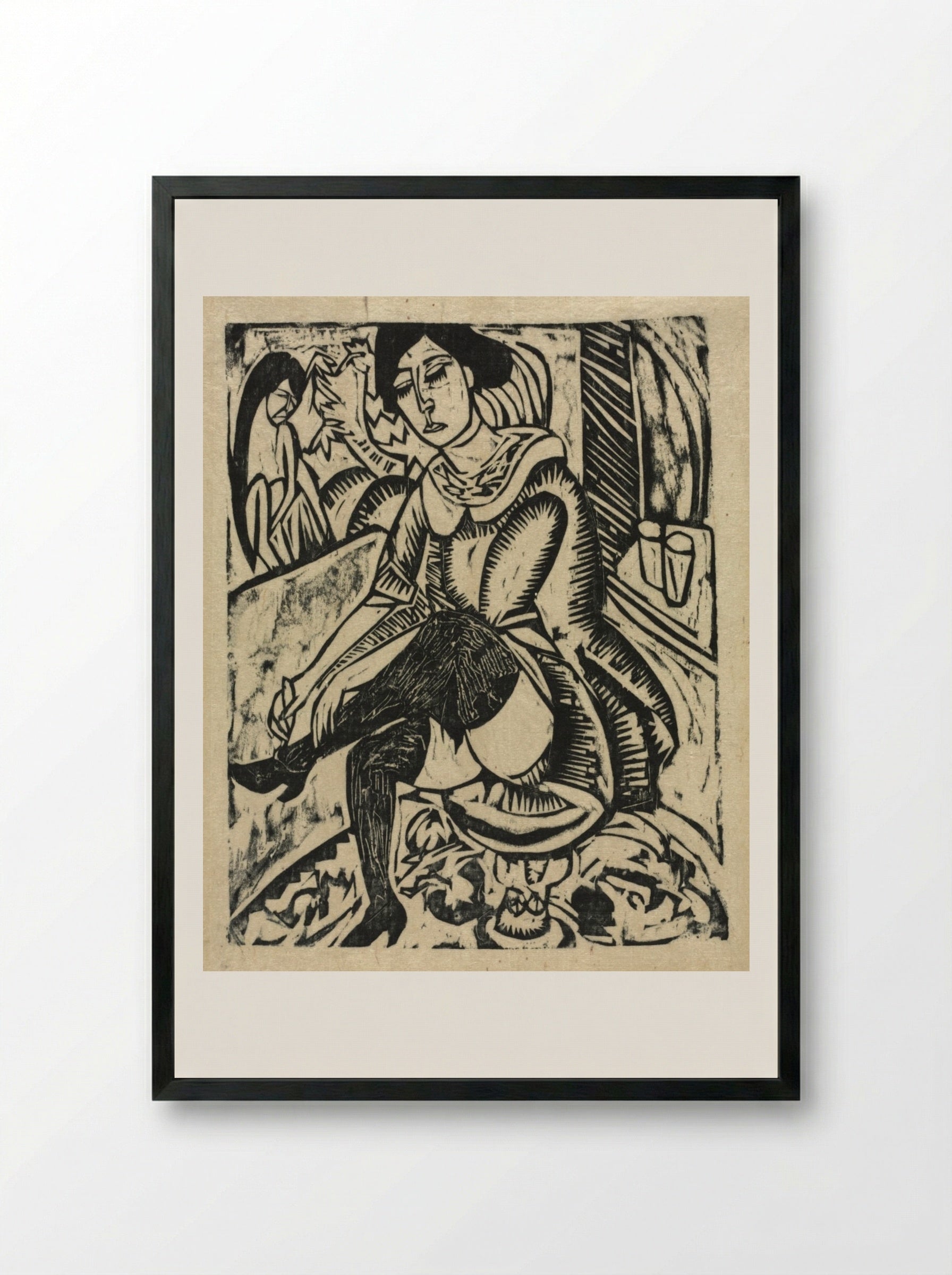 Woman Putting on Her Shoes - Ernst Ludwig Kirchner - Framed Print Black