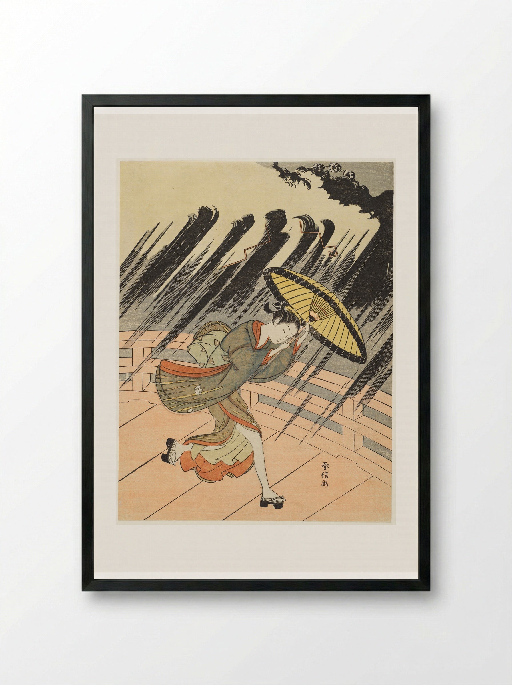 Woman Running to Escape a Sudden Shower - Suzuki Harunobu - Framed Print Black