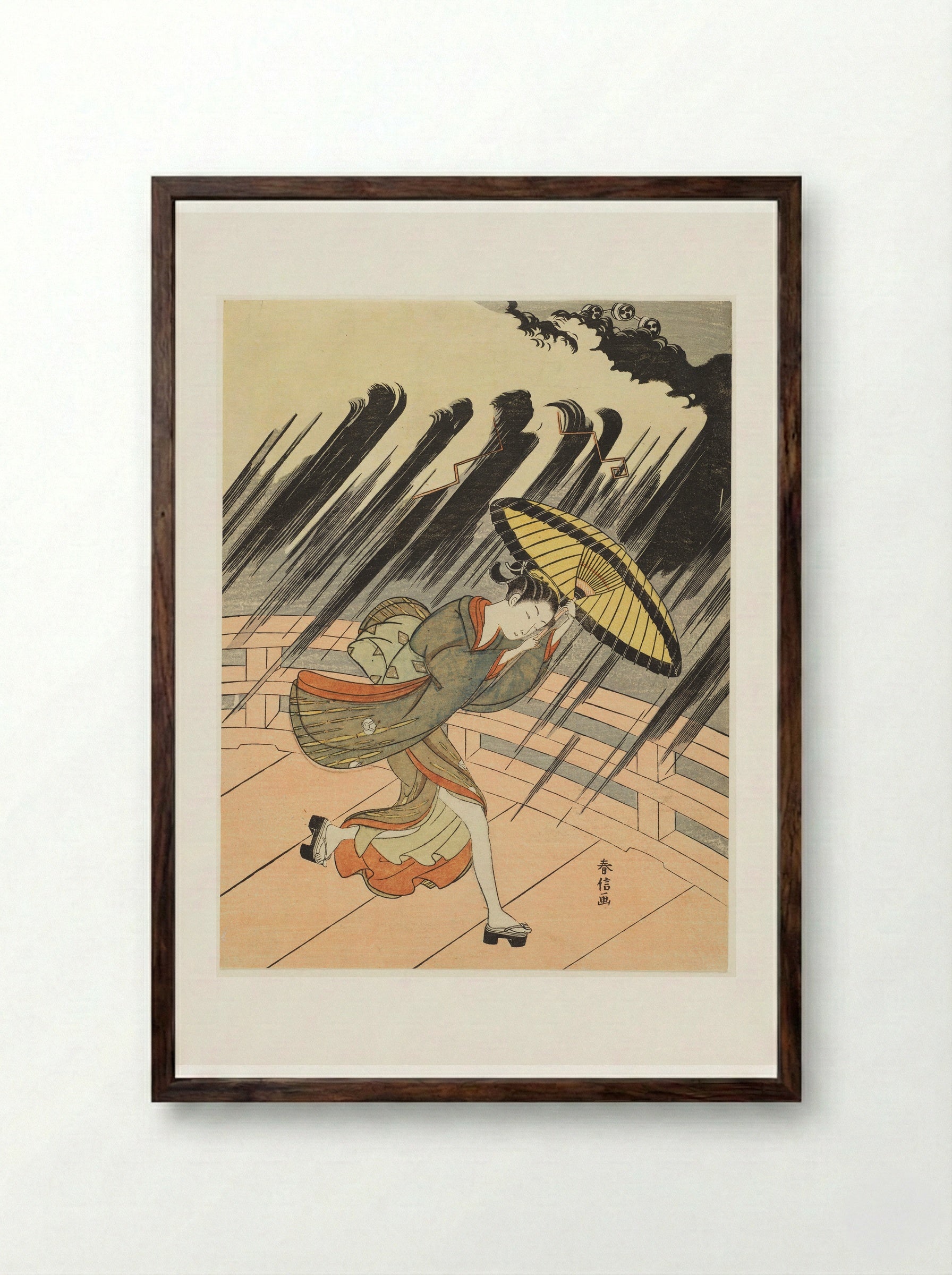 Woman Running to Escape a Sudden Shower - Suzuki Harunobu - Framed Print Dark Wood
