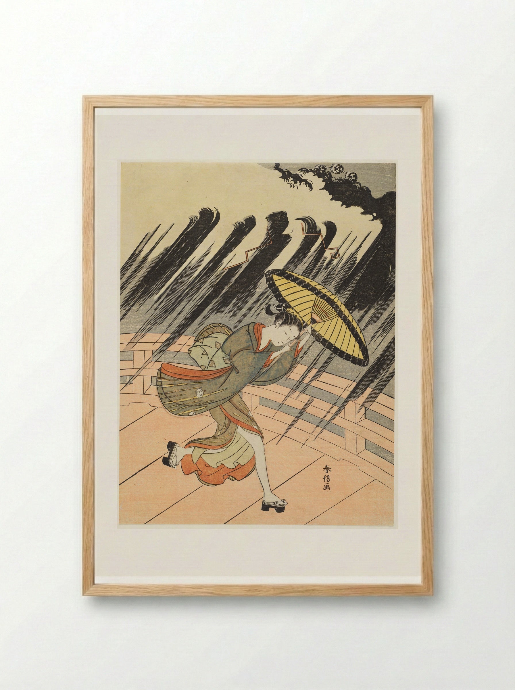 Woman Running to Escape a Sudden Shower - Suzuki Harunobu - Framed Print Wood