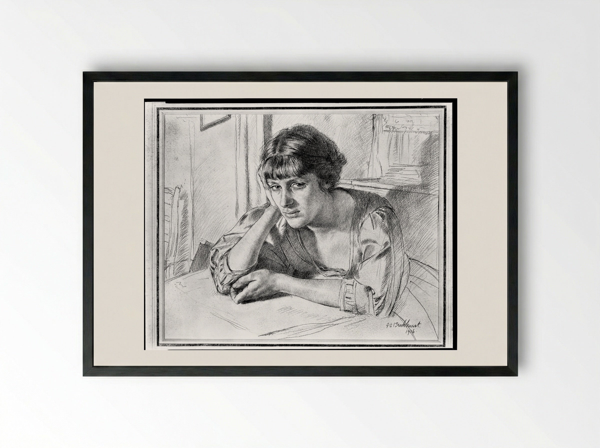 Woman Seated at a Table - Gerald Leslie Brockhurst - Framed Print Black