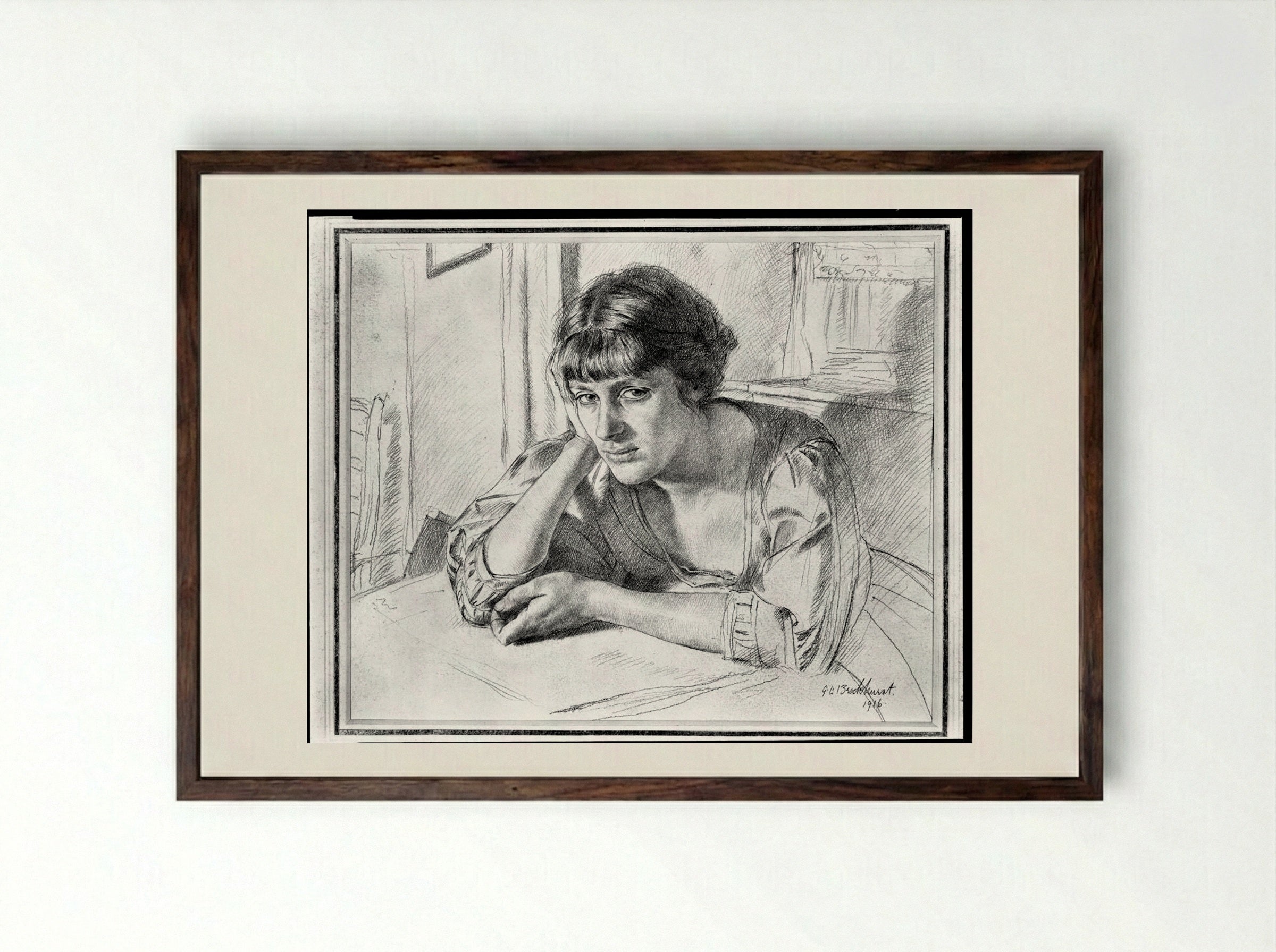 Woman Seated at a Table - Gerald Leslie Brockhurst - Framed Print Dark Wood