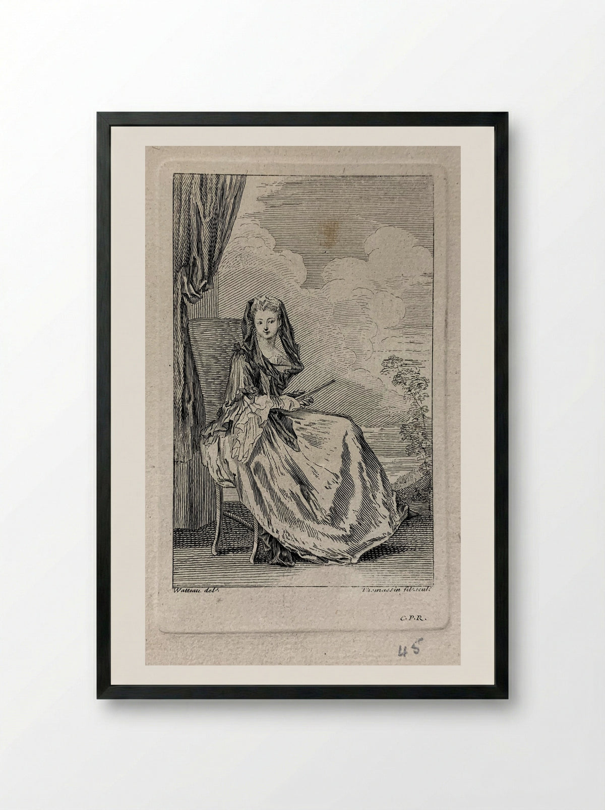 Woman Seated - Jean-Antoine Watteau - Framed Print Black