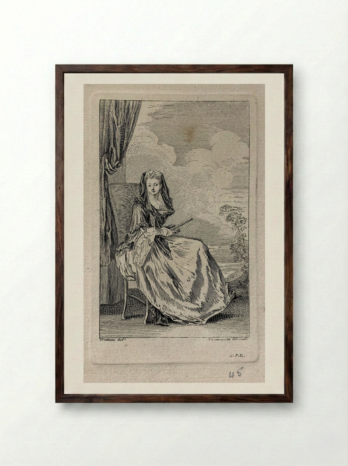 Woman Seated - Jean-Antoine Watteau - Framed Print Dark Wood