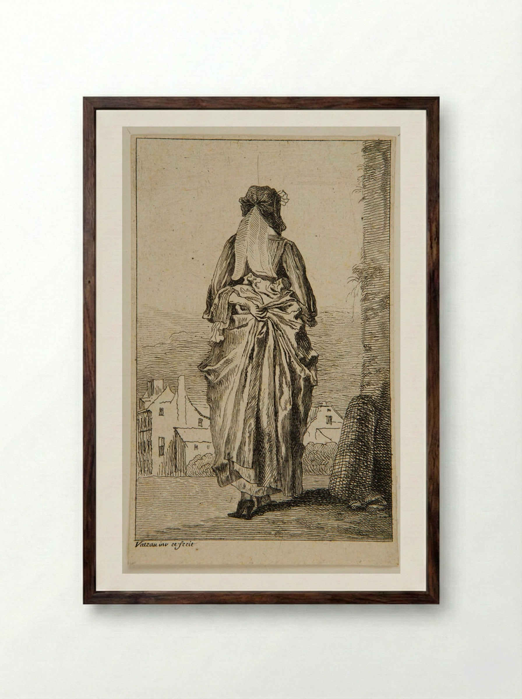 Woman Seen From Behind - Jean-Antoine Watteau - Framed Print Dark Wood